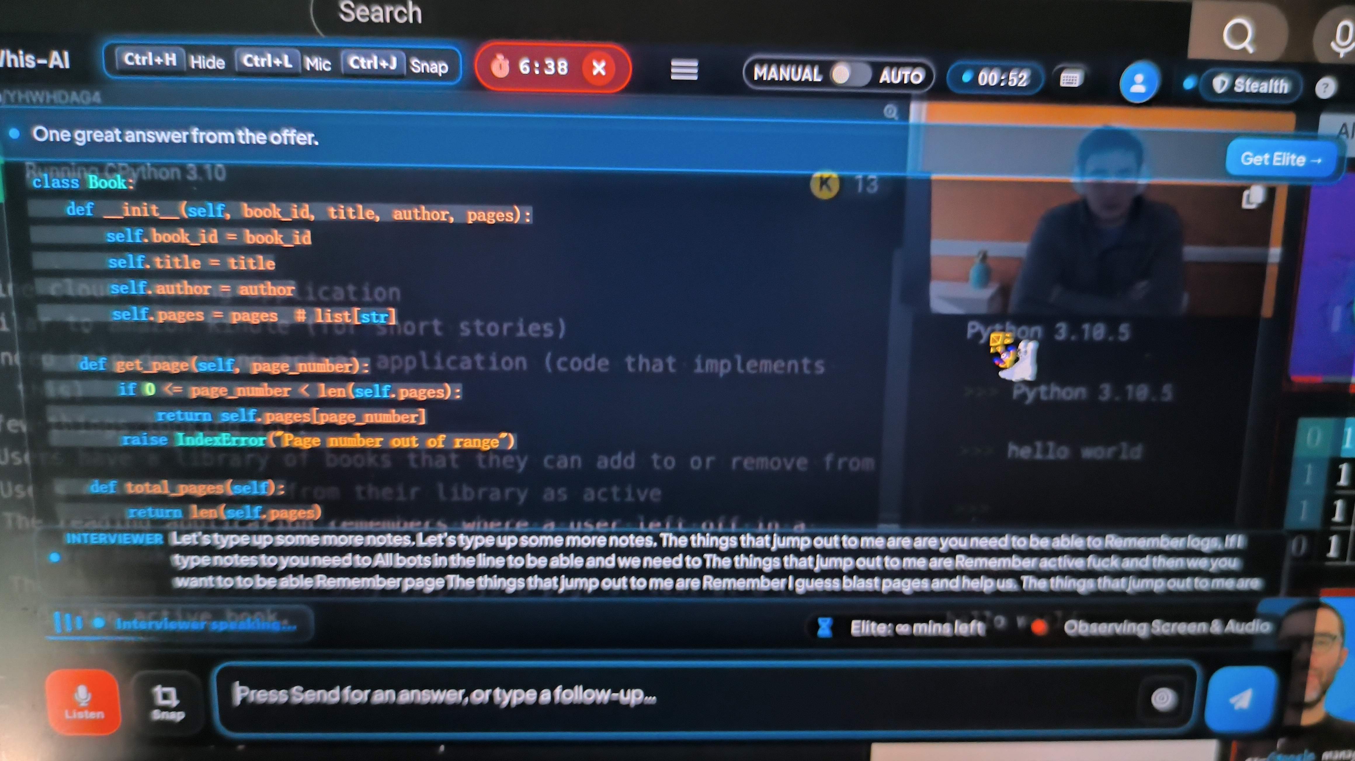 During the Whis AI review tests, I had to switch to manual input so that Whis AI wouldn't transcribe everything as the interviewer's questions