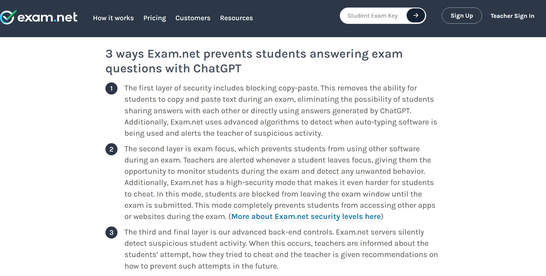 Exam.net  has 3 different ways to prevent cheating: blocking copy-paste, exam focus, and back-end controls