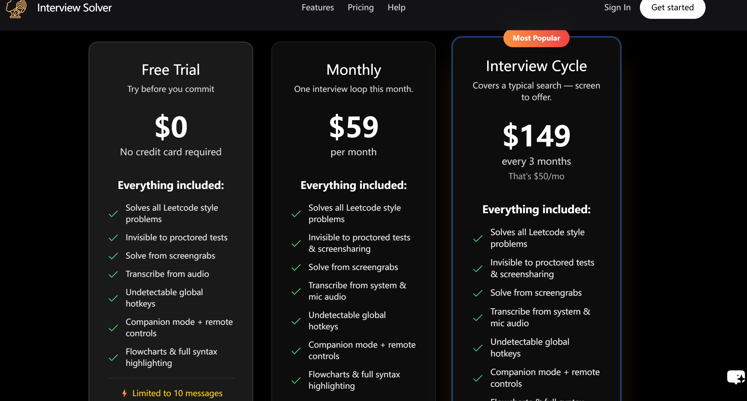 Interview Solver provides two tiers of subscription, and the fees start at $50/mon