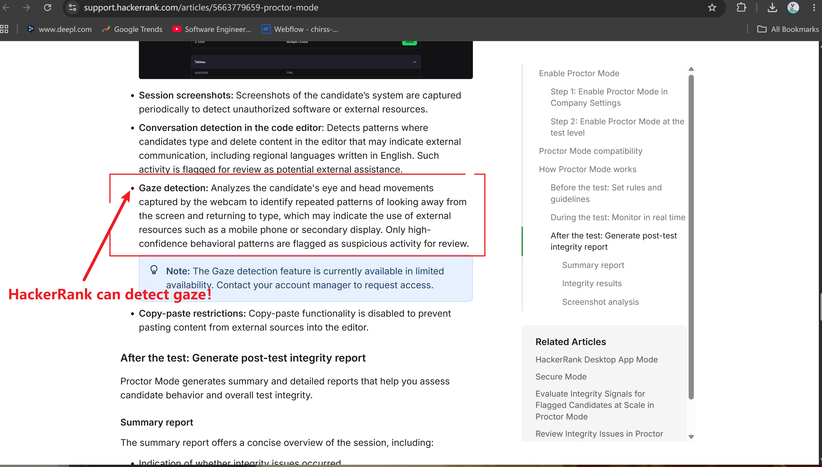 I checked HackerRank's official documents about proctoring, and it introduced gaze detection