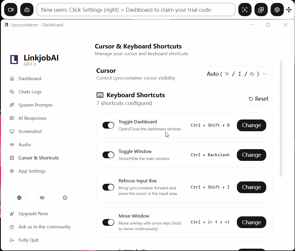 Linkjob AI supports customizing the global hotkeys and also other settings involving manual input