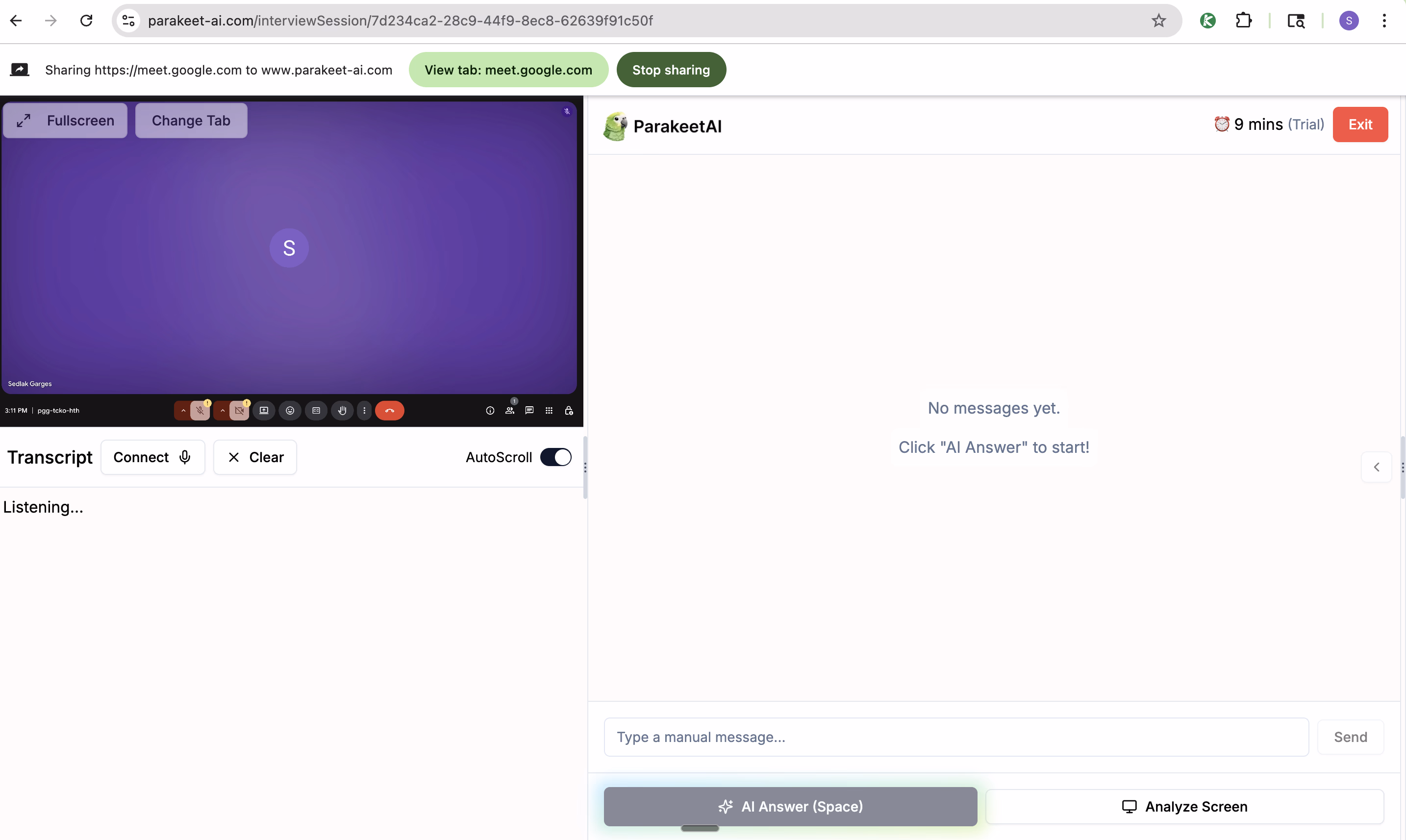 Parakeet AI's overlay on the browser can be seen during full-screen sharing, too