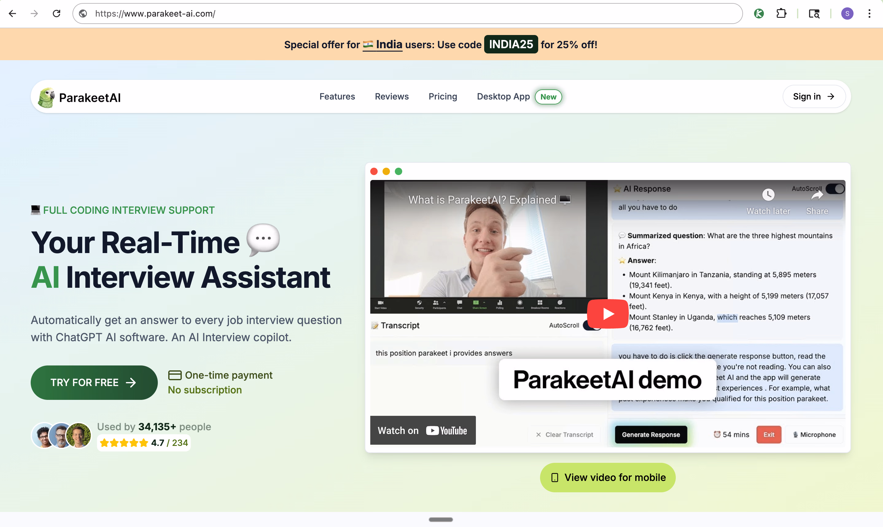 Parakeet AI's homepage, using ChatGPT-4o, though
