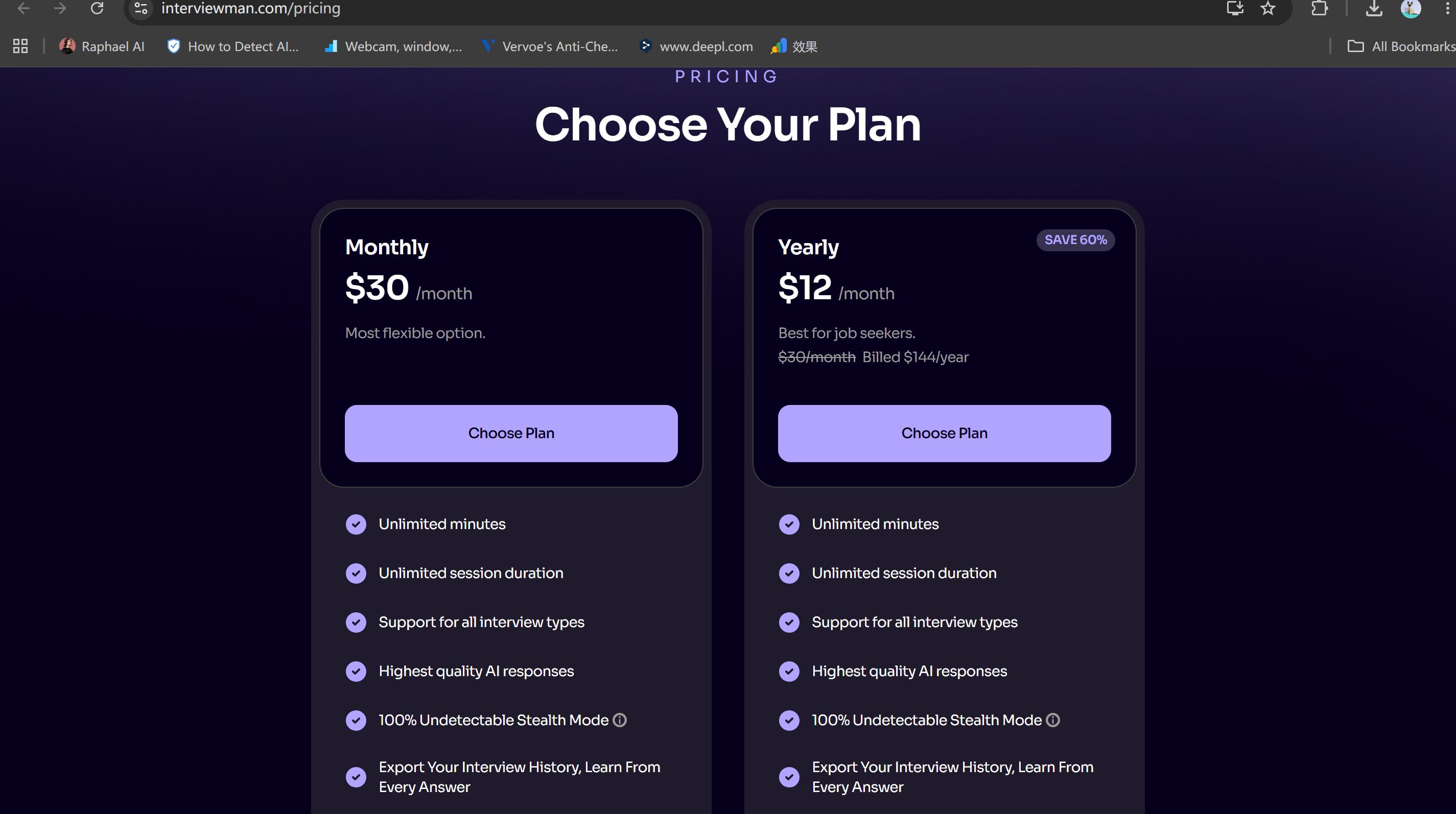 InterviewMan only support $30/mon or $12/mon for a year subscription, and I don't think it's worth it