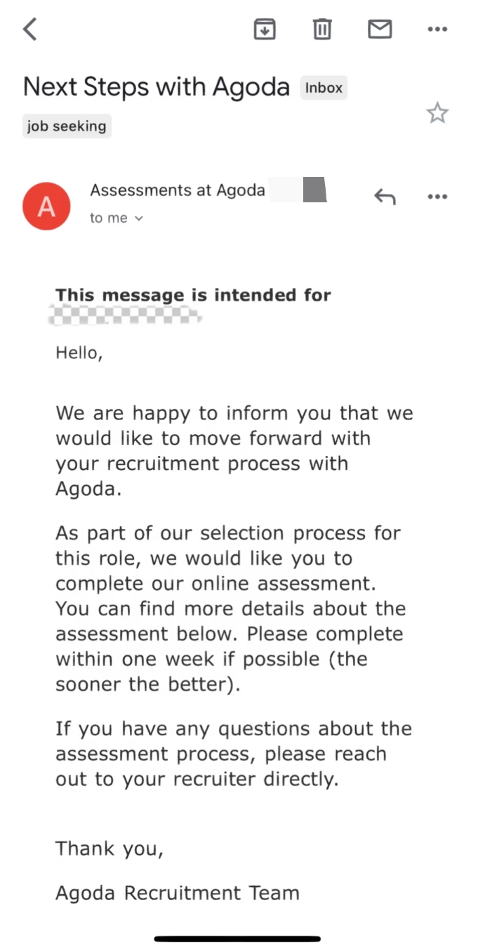 Agoda sent the follow-up email to move me to the next round of interviews after this Alooba assessment