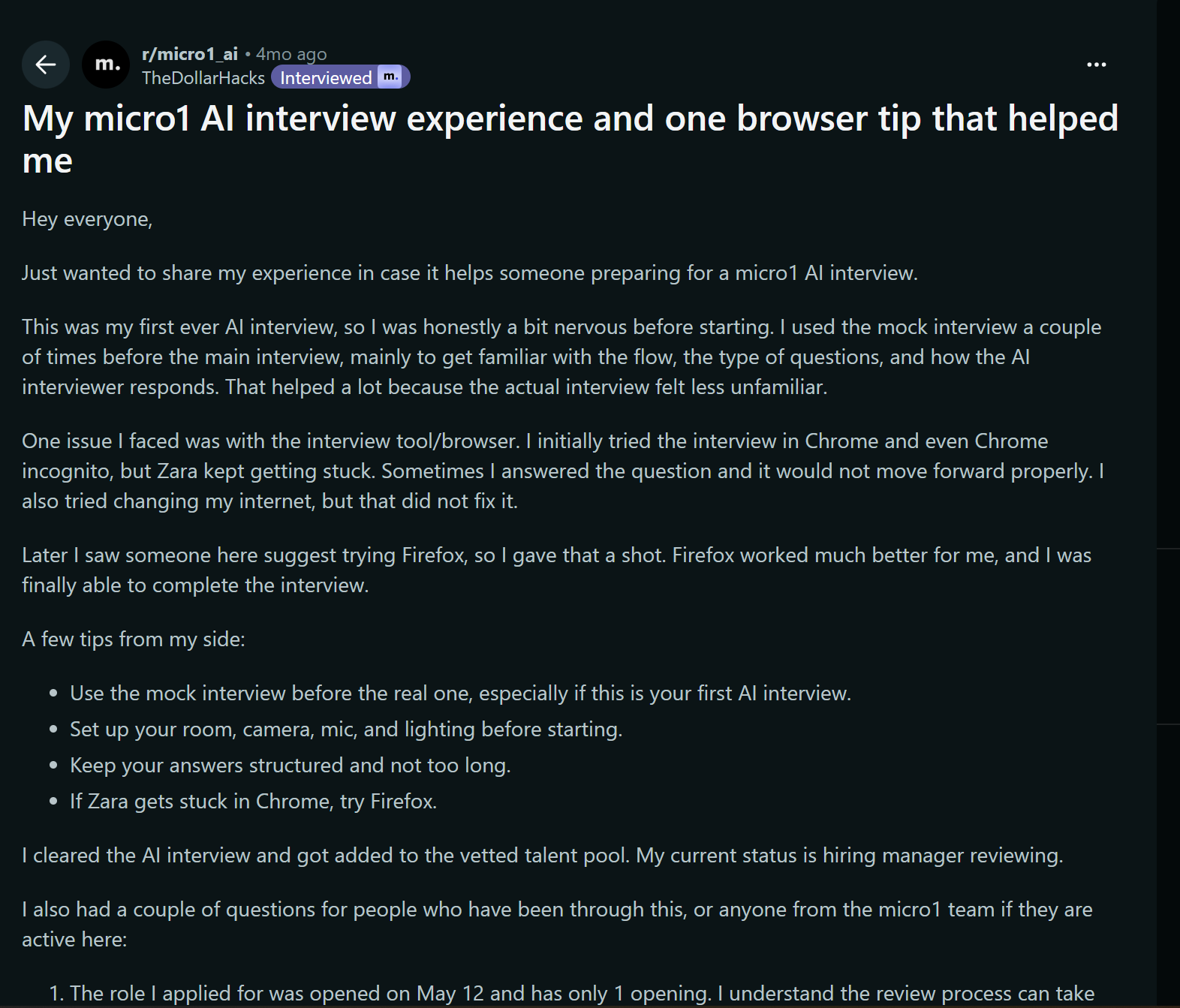 You can find multiple posts about micro1's AI interviewer Zara, but most likely you cannot find much info about Zara itself from micro1's official website