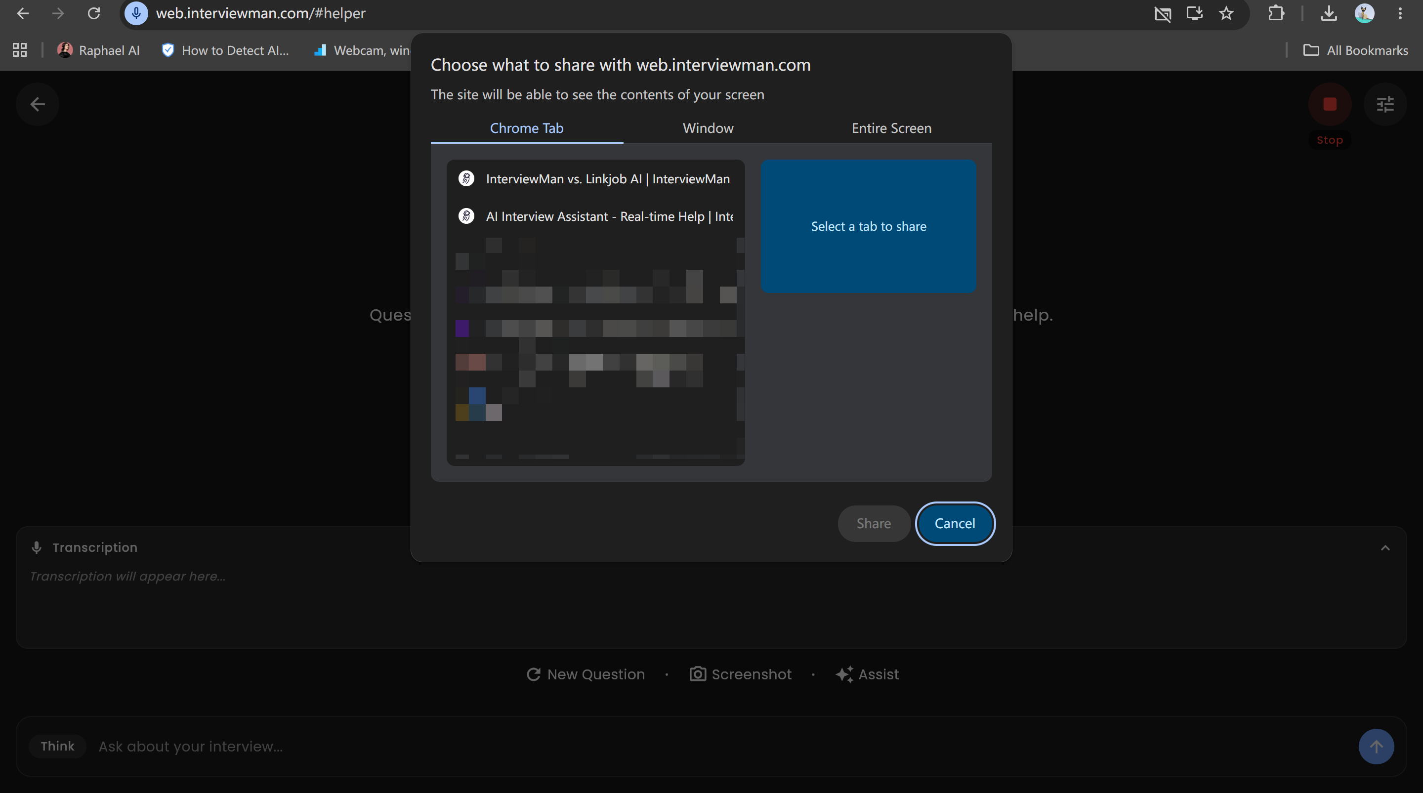 InterviewMan's Chrome-based interview copilot can be seen during full-screen sharing