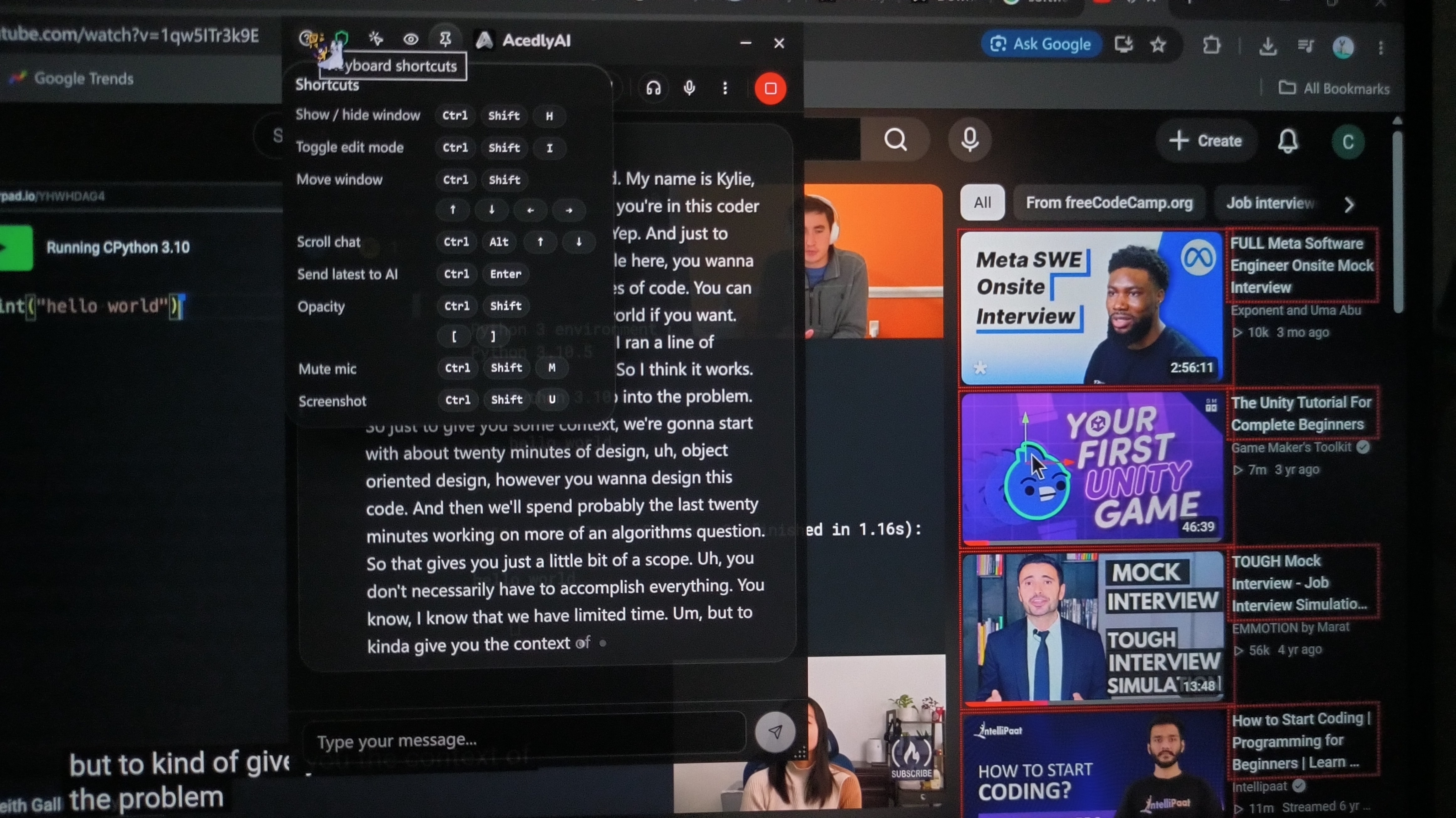 The overlay of Acedly AI was clean and invisible in the screenshots and recordings