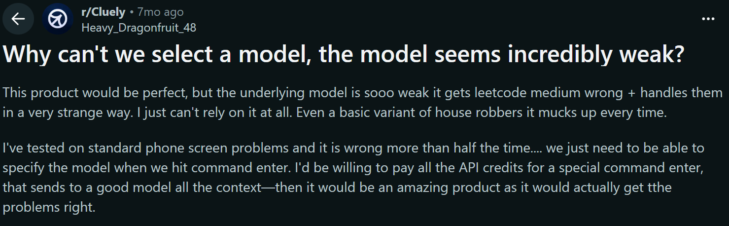 On r/Cluely, people actually talked a lot about how weak Cluely's model was on coding