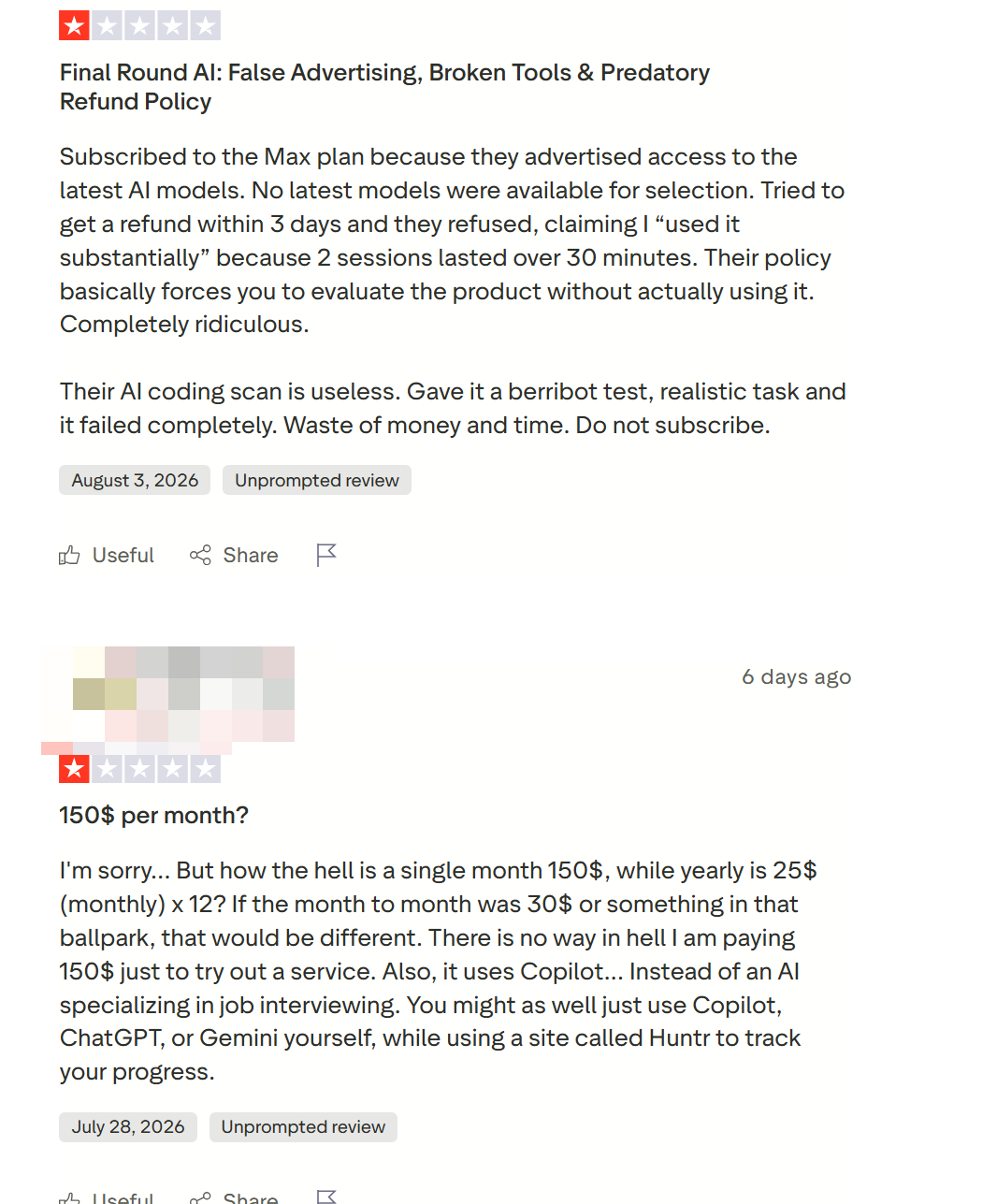 People on Trustpilot complained a lot about Final Round AI's price plan and refund policies