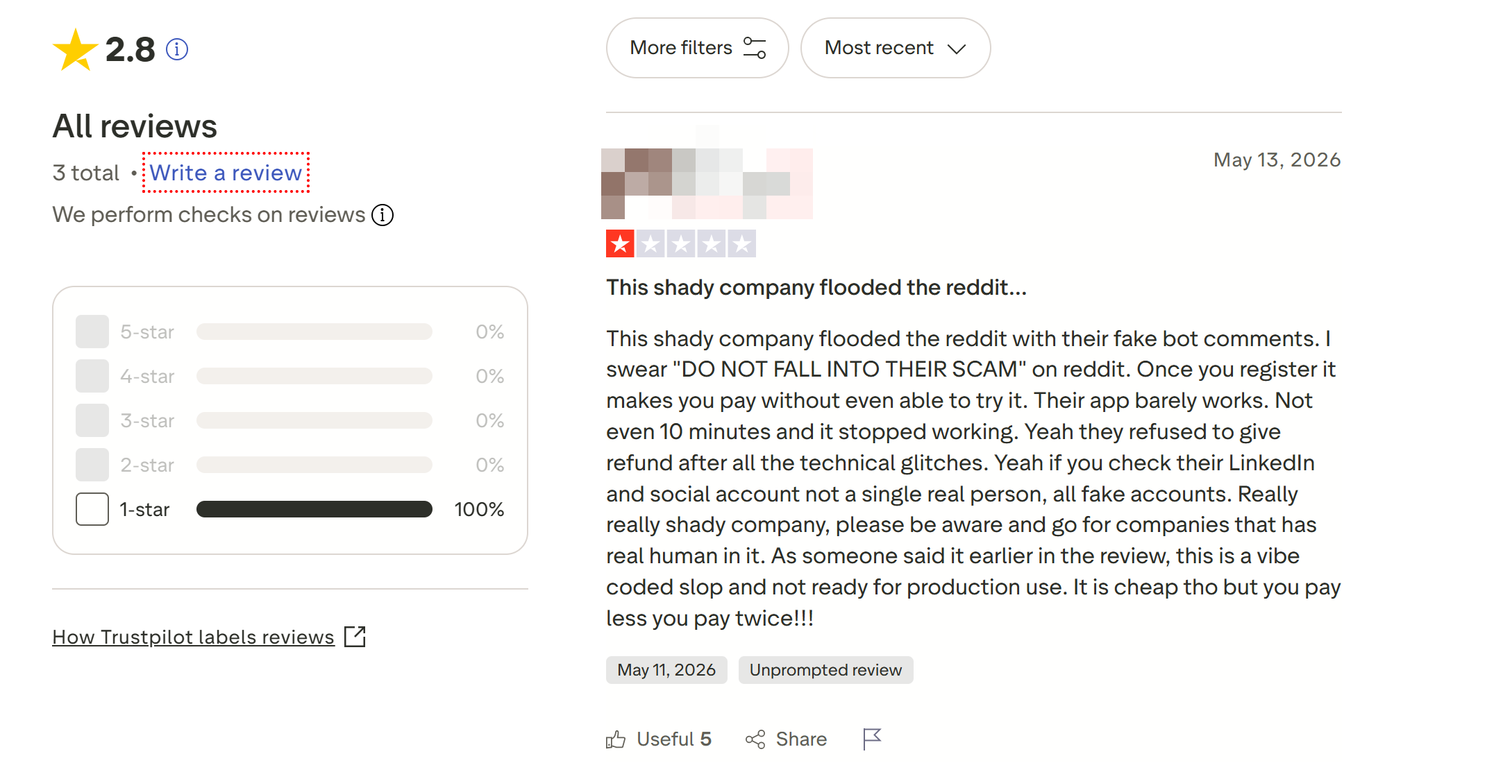 People on Trustpilot reported that InterviewMan had flooded Reddit with fake comments to get new users