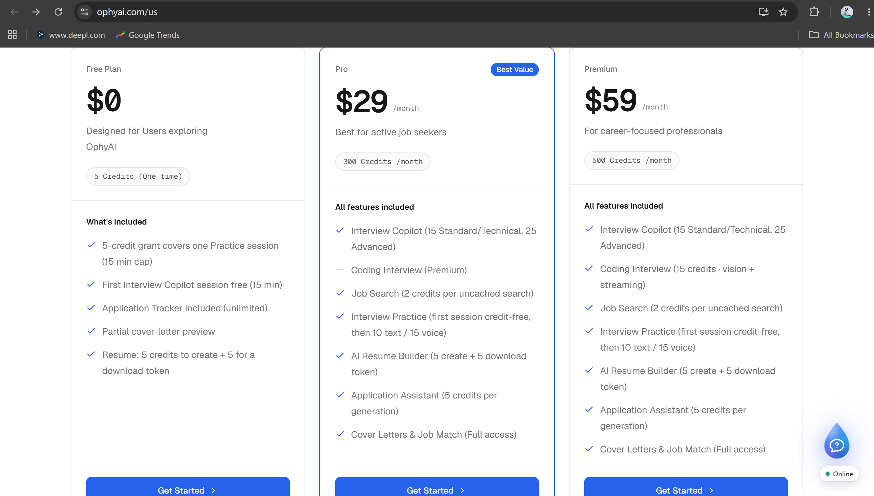 OphyAI's price plans: only the premium plan covers the coding copilot