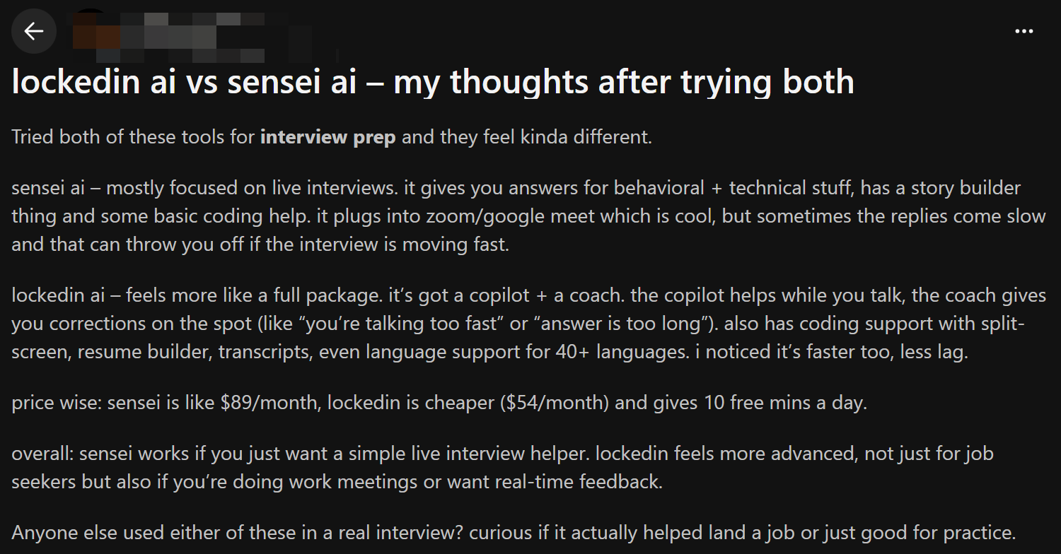 People on Reddit actually viewed Sensei AI as a simple live interview helper, not an advanced one