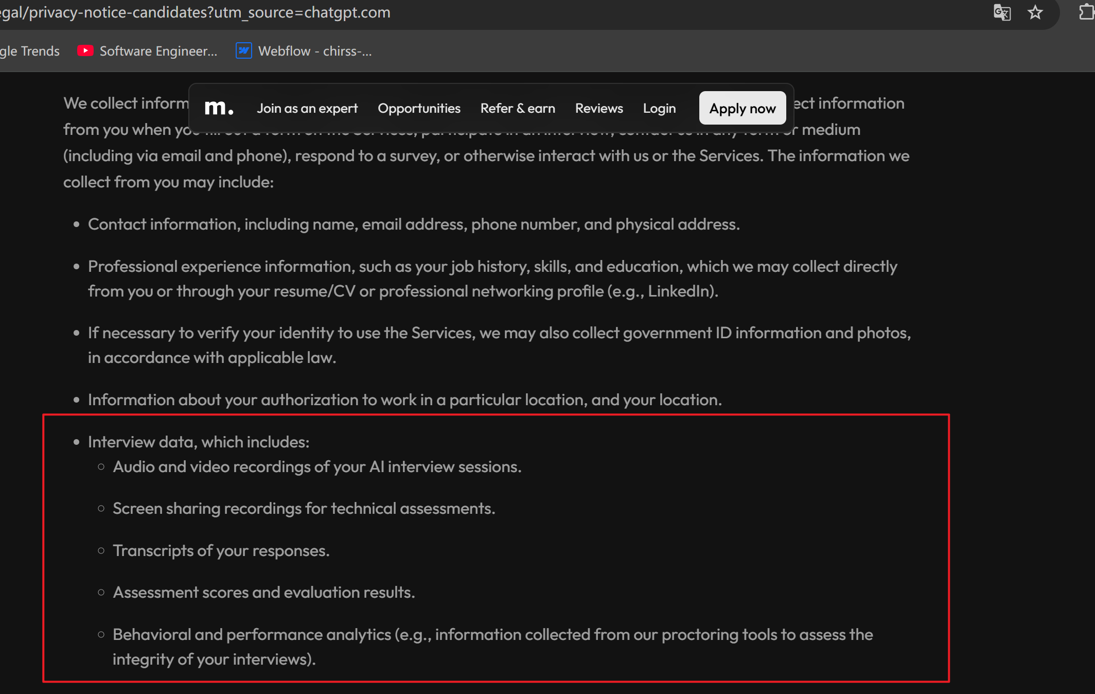 Micro1's privacy policies include collecting data of audio, screen sharing recordings, transcripts, and so on