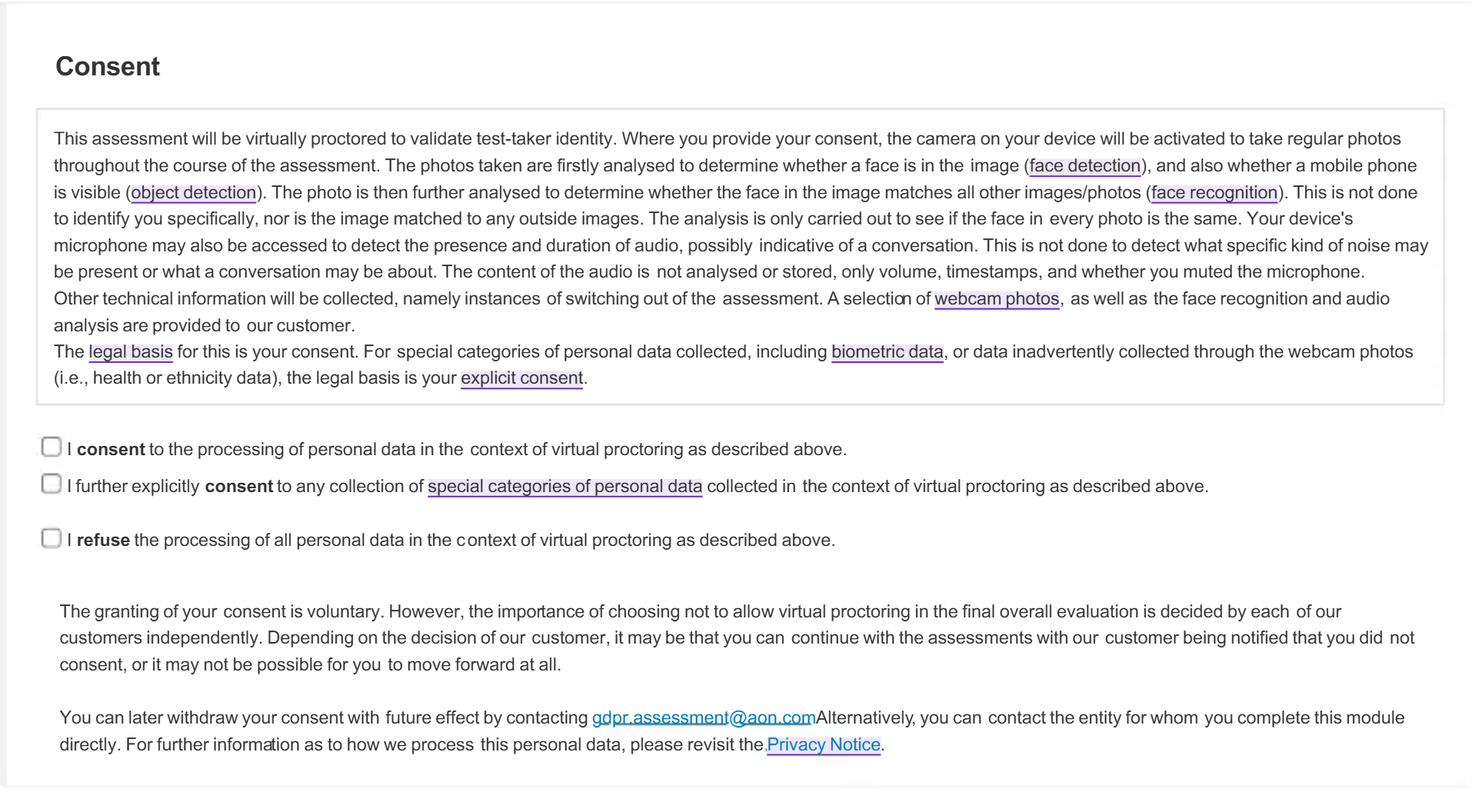 The pre-test consent Aon Cut-E test screenshot from my friend