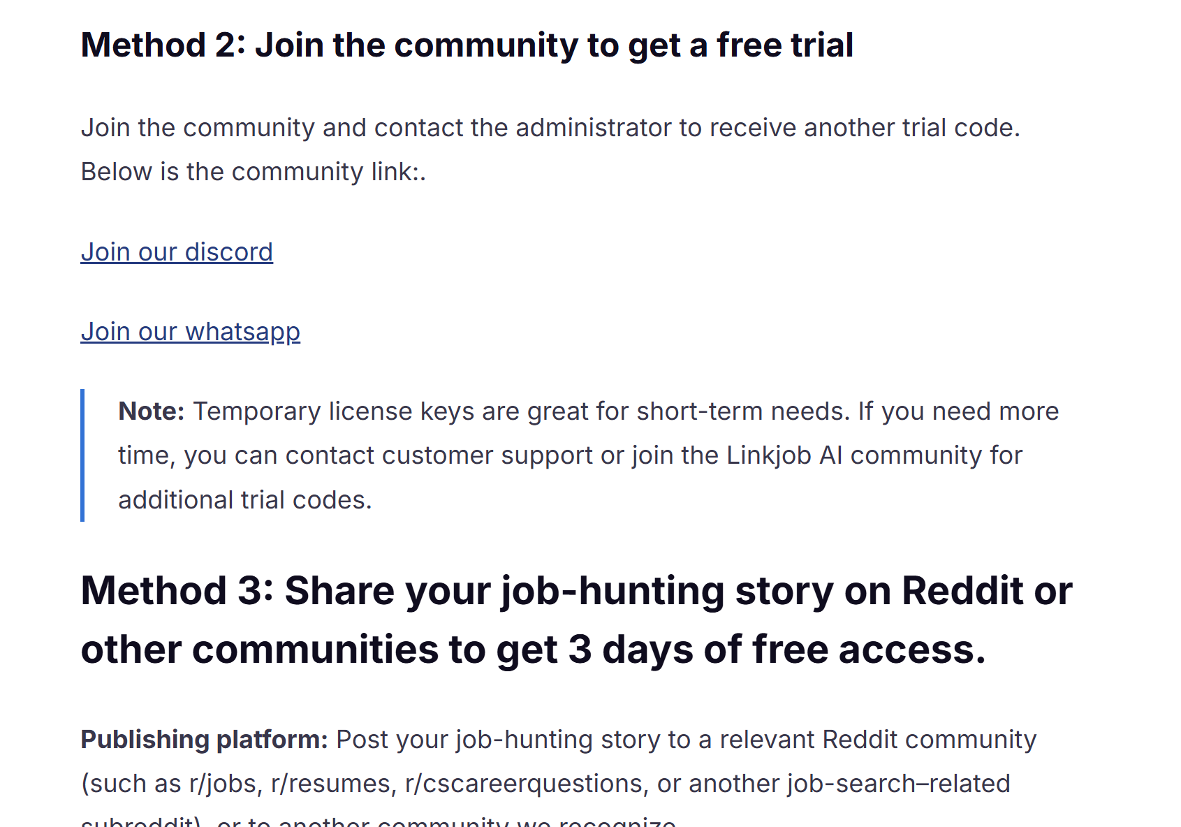 Linkjob AI lists multiple methods to get more trial time for free, and no need for a subscription