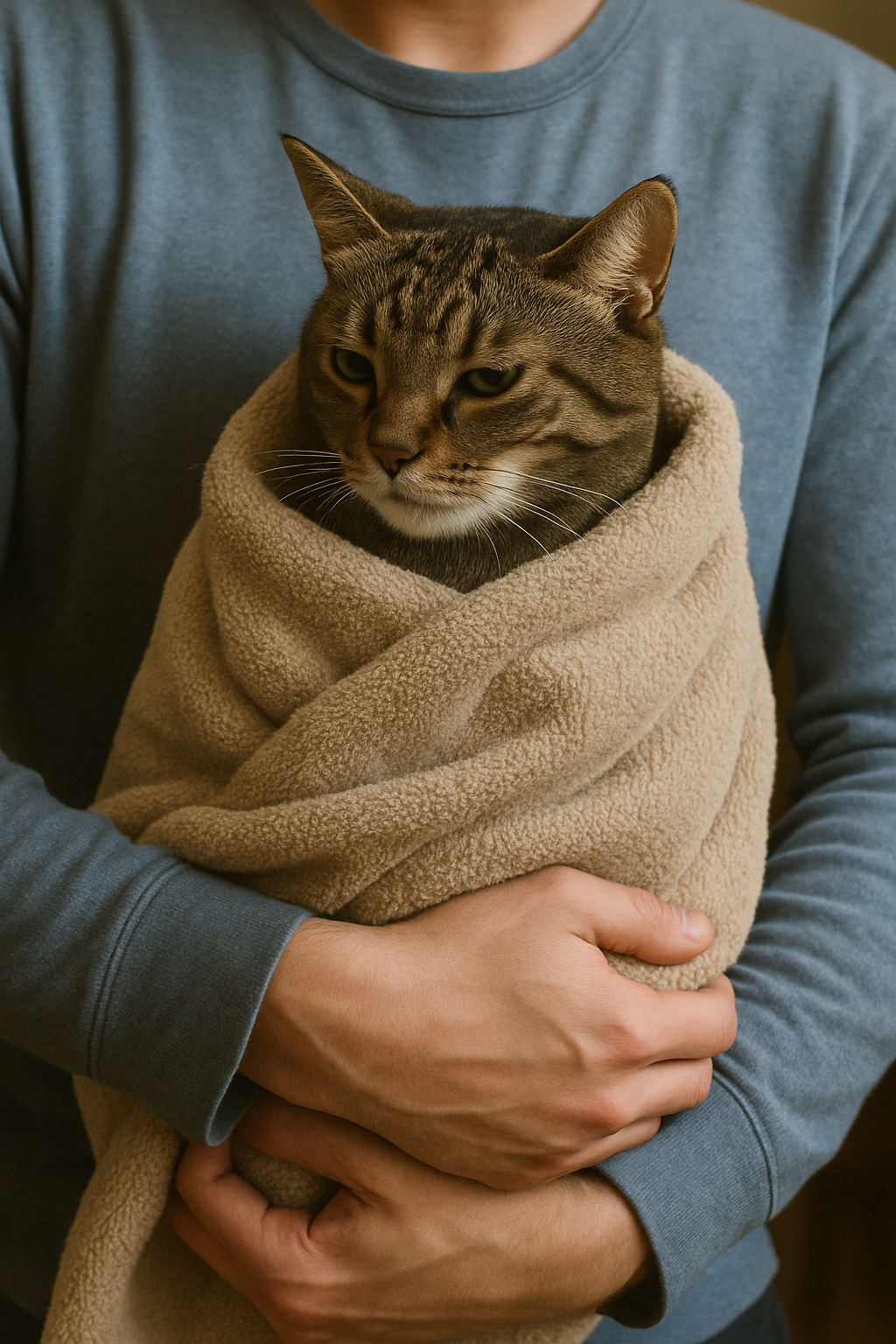 Using towel wrap technique to bathe an aggressive cat safely