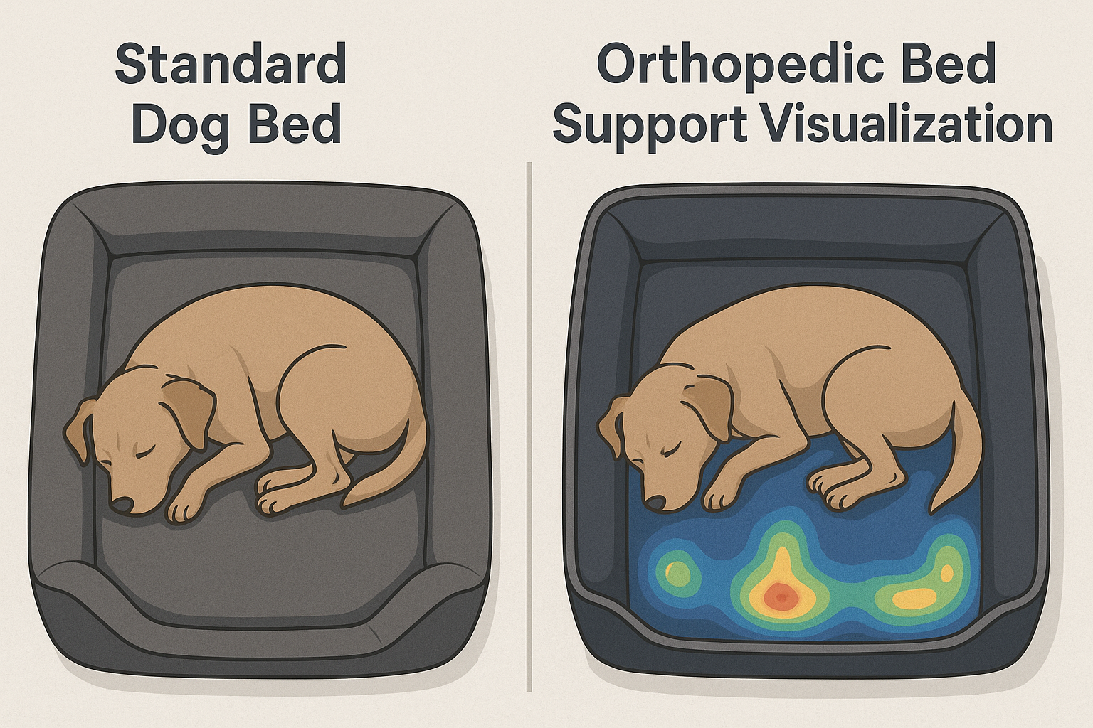 Visual comparison of pressure distribution in orthopedic vs regular dog beds