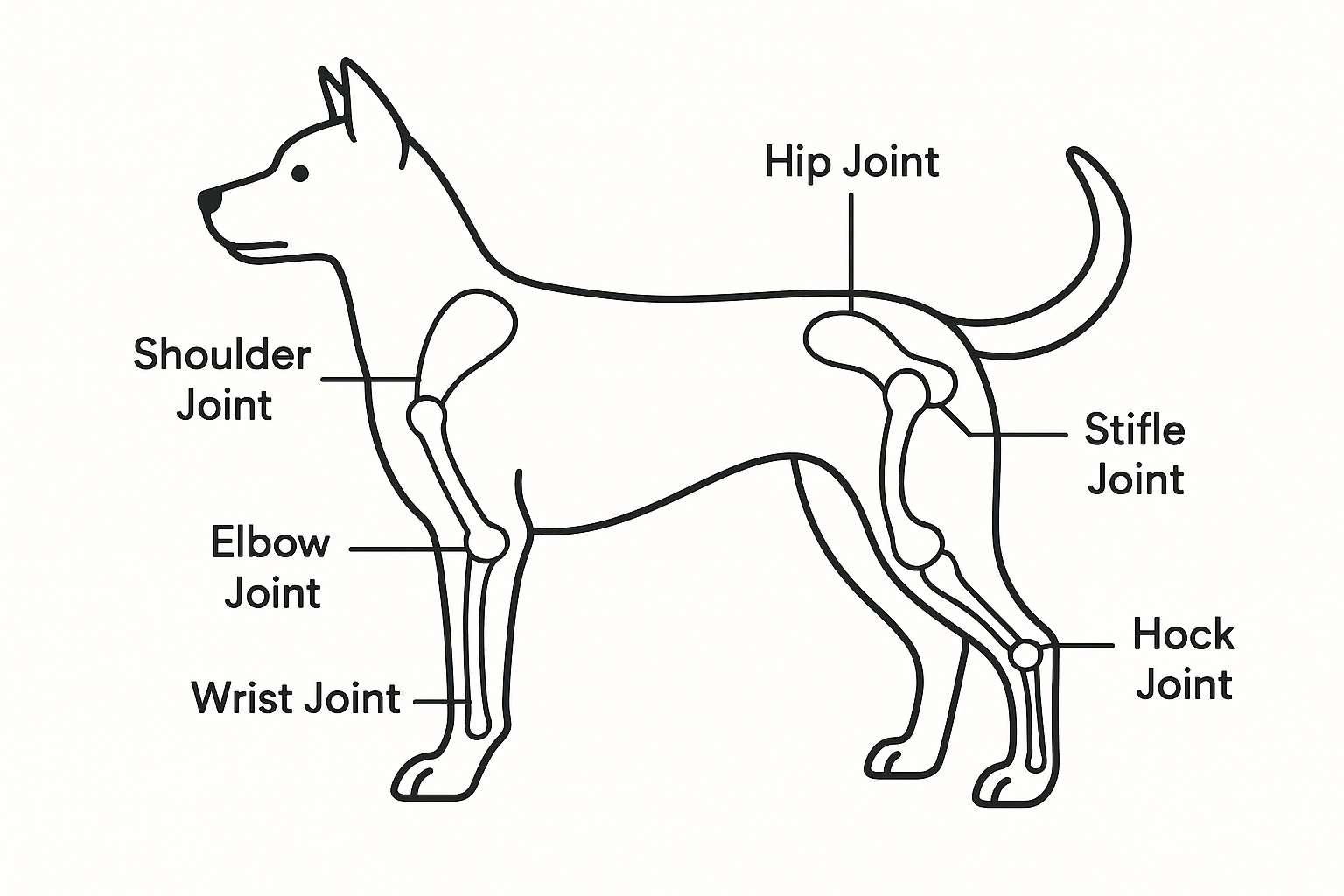 Dog joint anatomy showing common arthritis pain points in hips and elbows