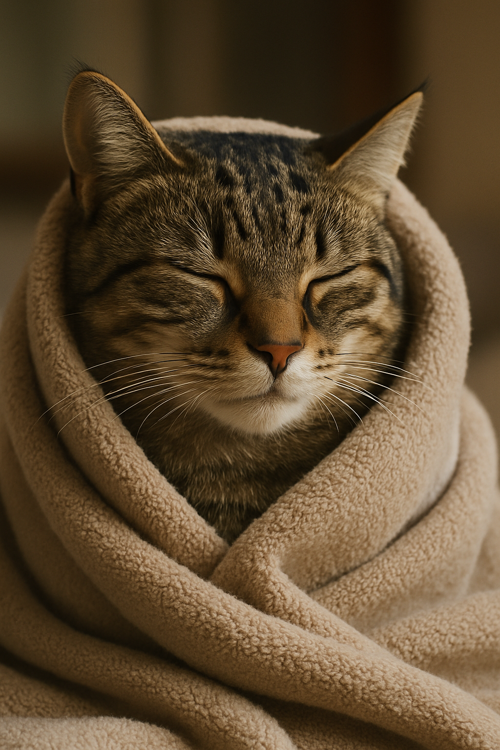 A relaxed cat wrapped in a towel before a bath