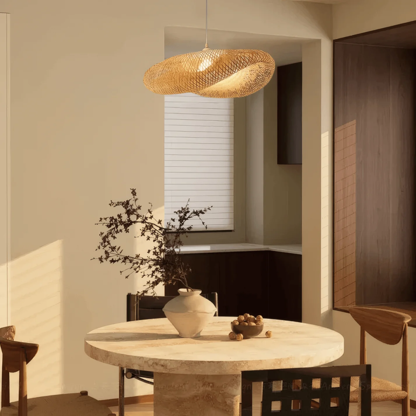 Natural Wood Pendant Light Dining Room Bamboo Irregular Shape
