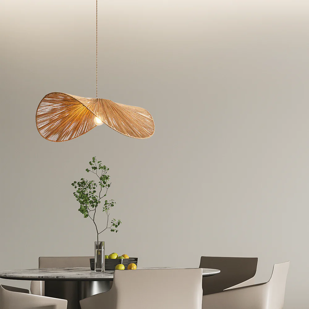 Farmhouse Brown/Beige Pendant Light Metal Rattan Hooded Dining Room