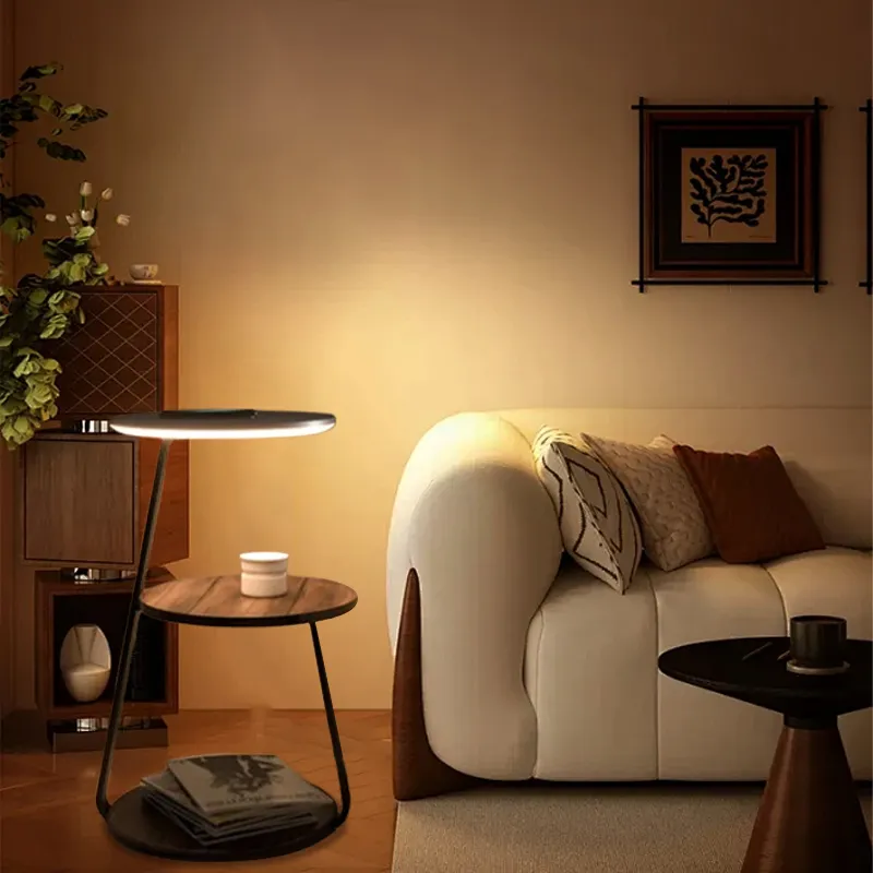 Modern Brown Floor Lamp Wood Disc Bedroom Living Room