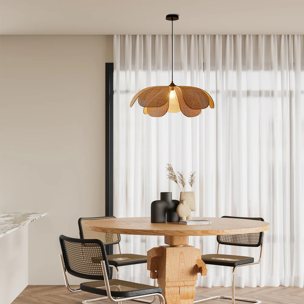 Farmhouse Wood Pendant Light Metal Rattan Flower Living Room