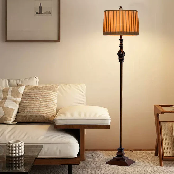 Retro Brown Floor Lamp Metal Fabric Hooded Dining Room