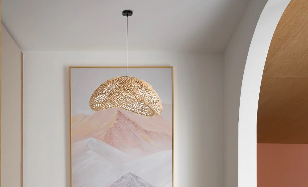a rattan pendant light in dining room