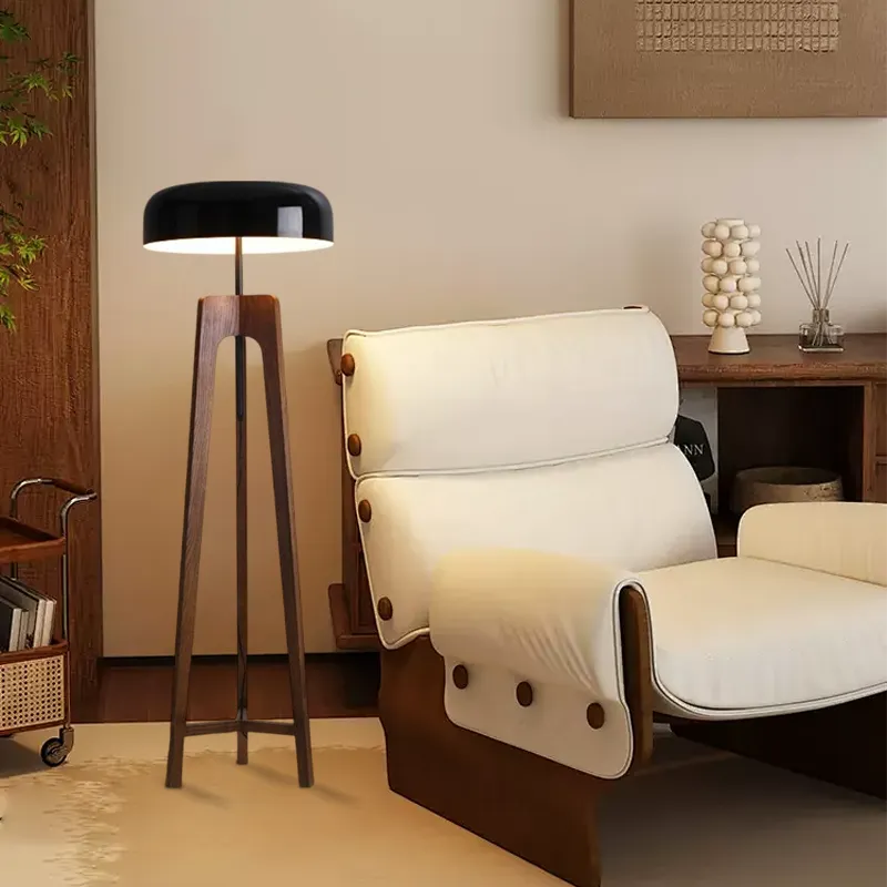 Modern Black Floor Lamp Metal Wood Tripod Living Room