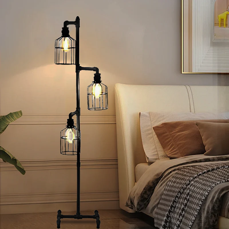 Industrial Black Floor Lamp Metal Bird Cage Living Room