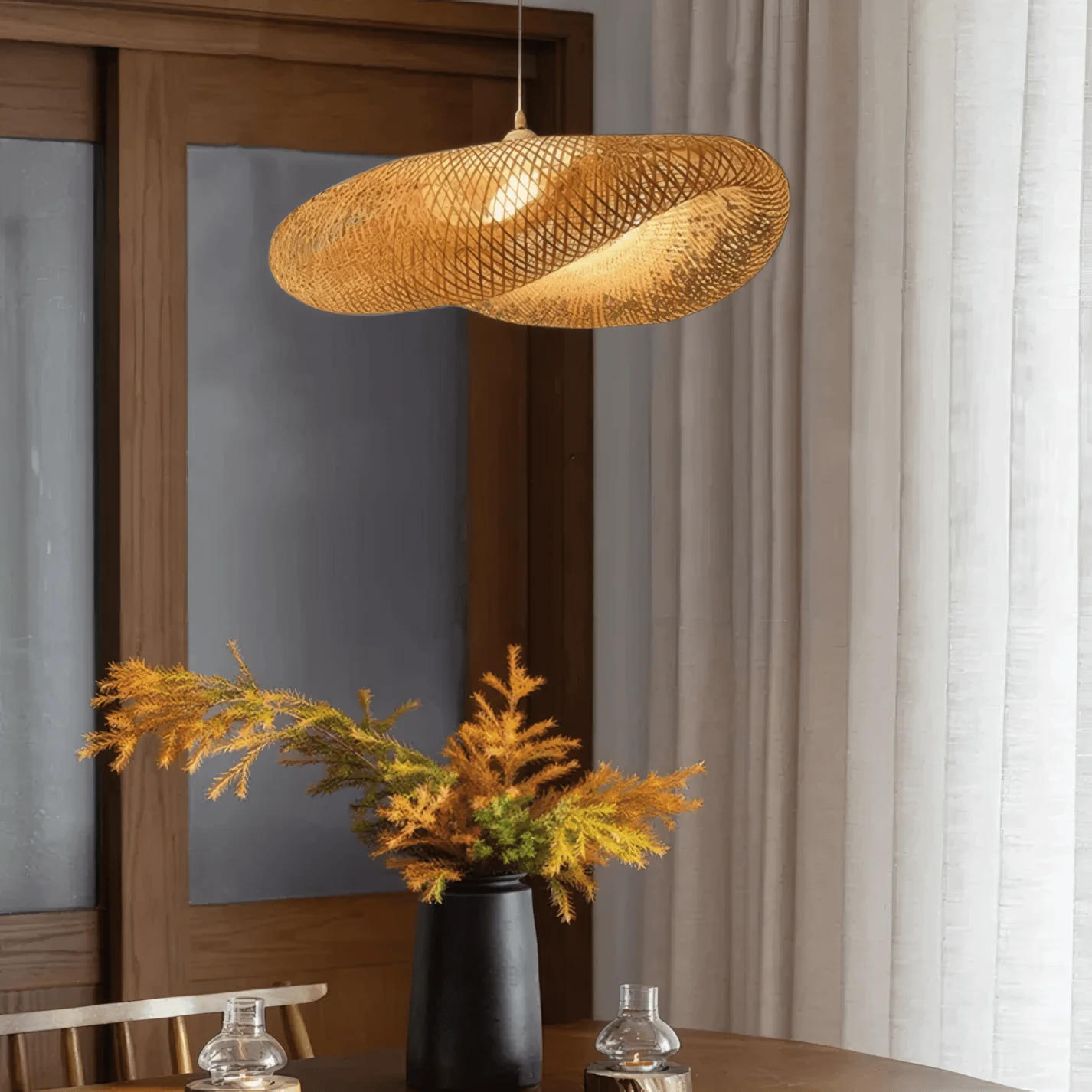 Natural Wood Pendant Light Dining Room Bamboo Irregular Shape