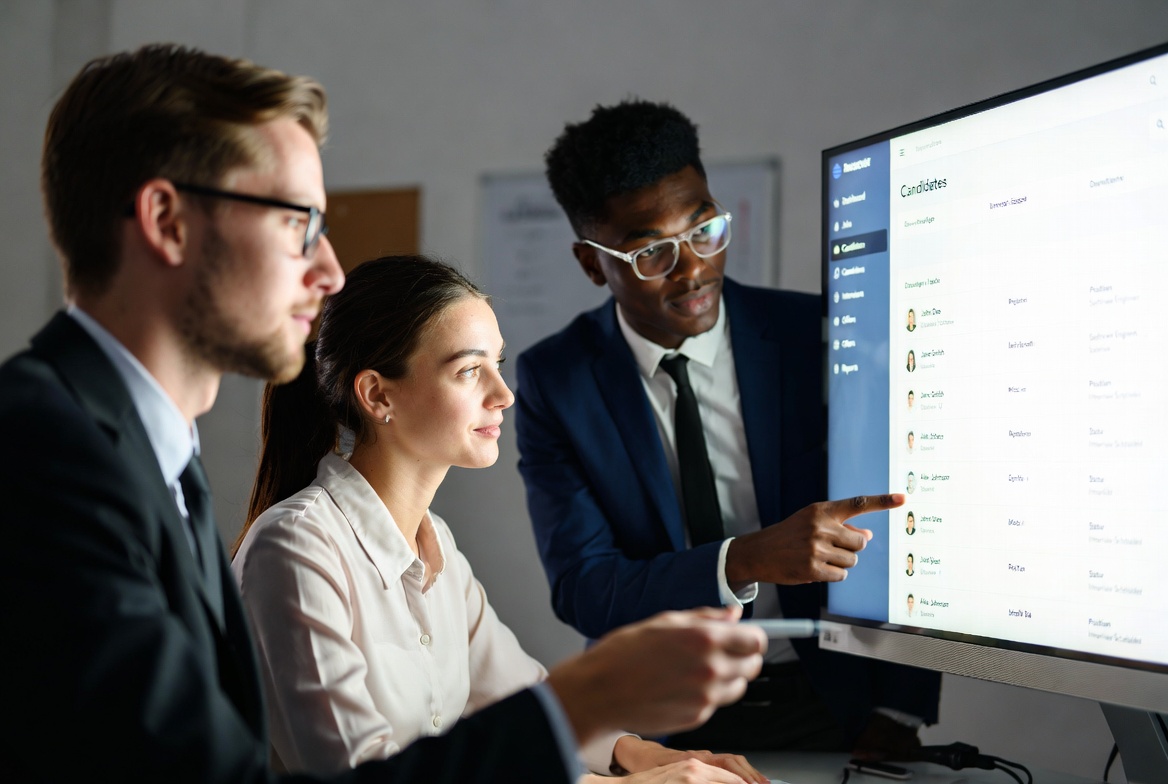 Three individuals in a professional setting look to a recruitment software with ai recruiting automation.