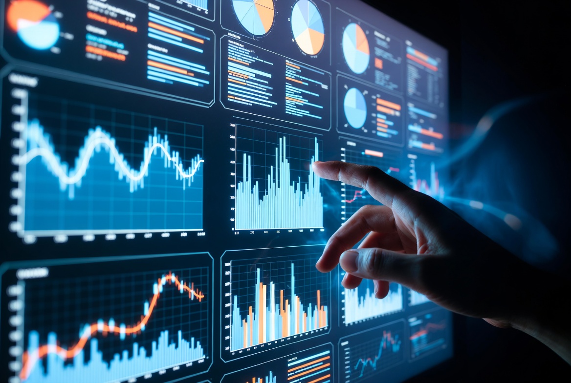 A photograph of a virtual screen with HR data visualizations, a hand interacting in a dark,