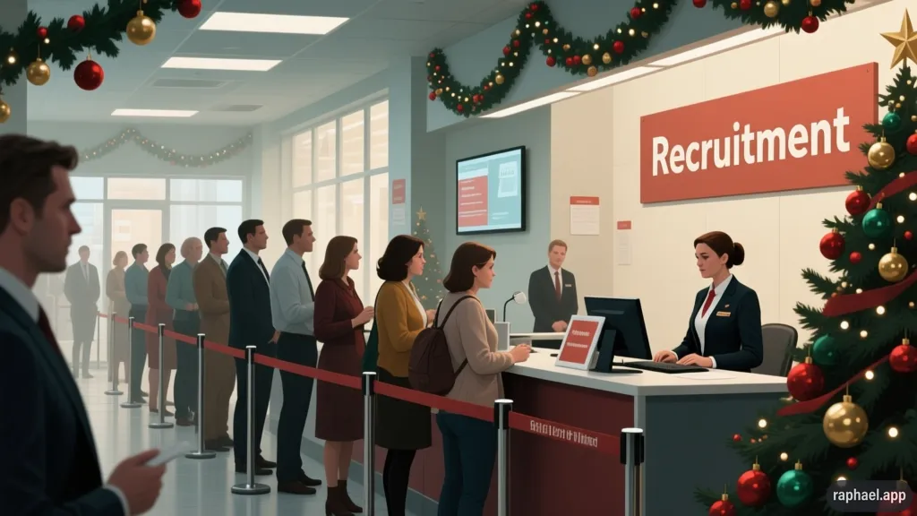 a retailer company's front desk in public holiday, many people waiting in lines, while recruiters showing worried face for low-efficiency in hiring.