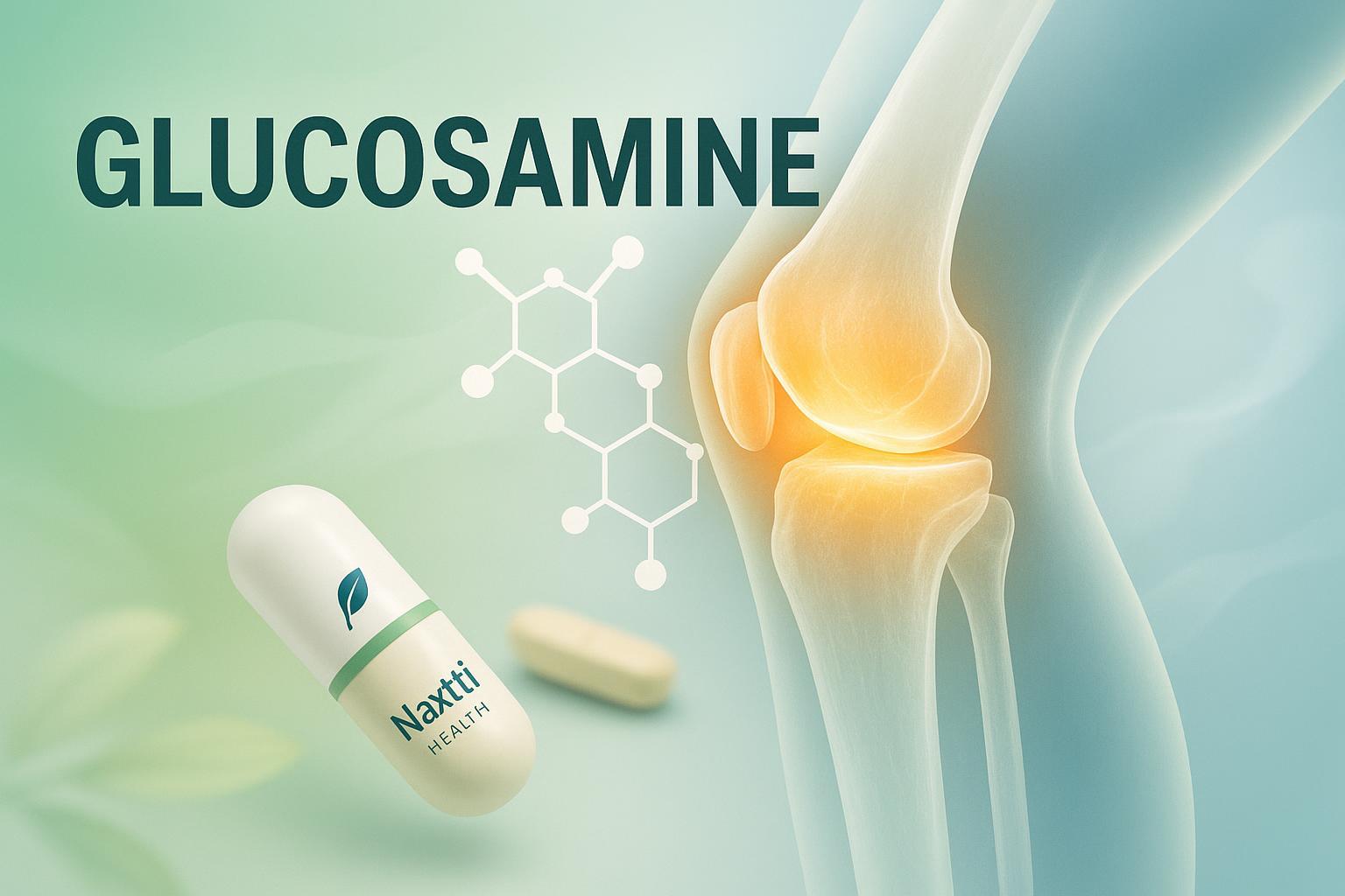 Glucosamine molecule with human joint and Naxttii Health supplement branding—cover image for a joint health blog.