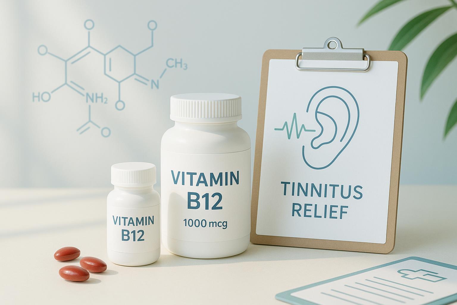 Vitamin B12 supplement with ear symbol for tinnitus FAQ cover image