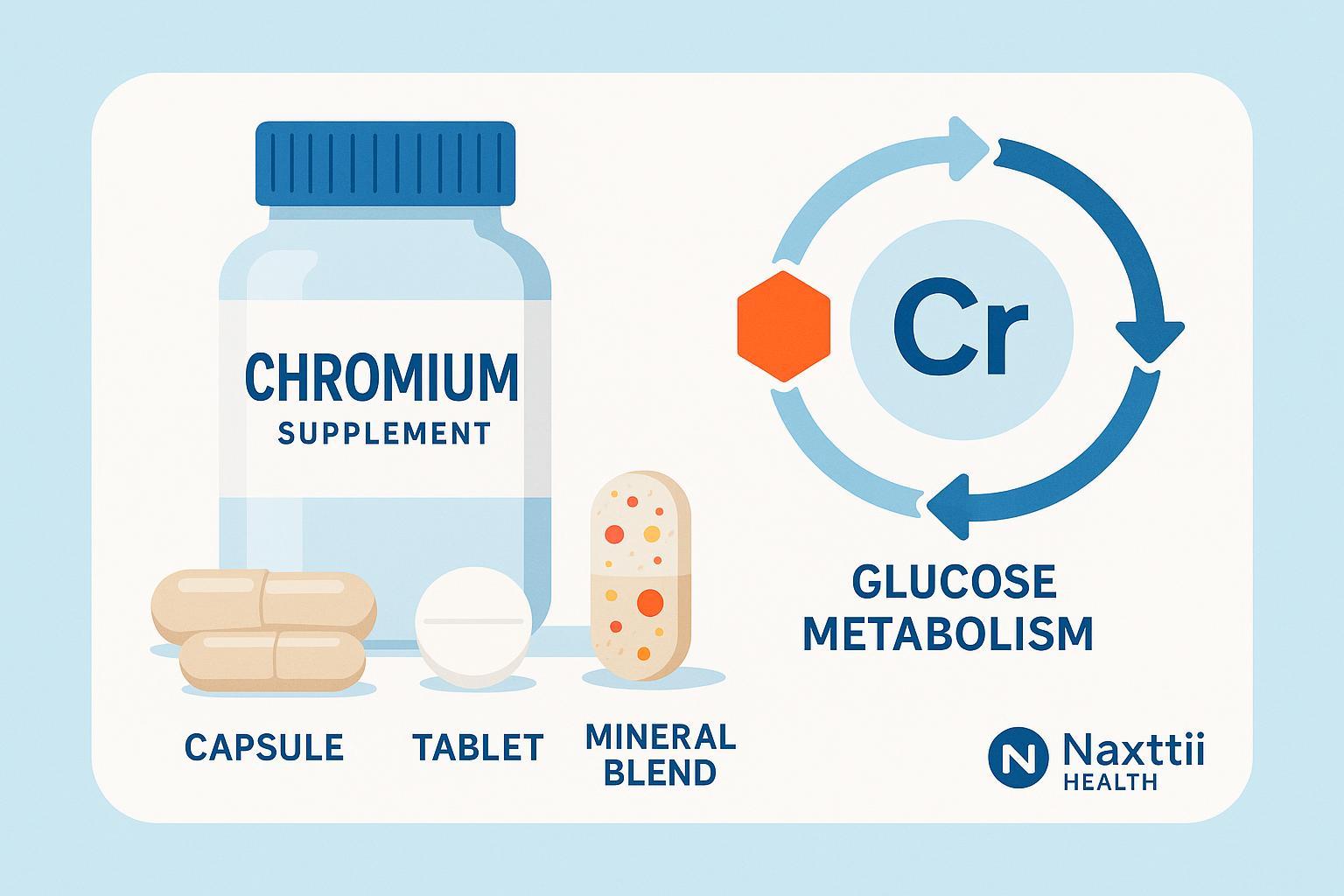 Chromium supplement infographic showing forms and metabolic action, Naxttii Health branding.
