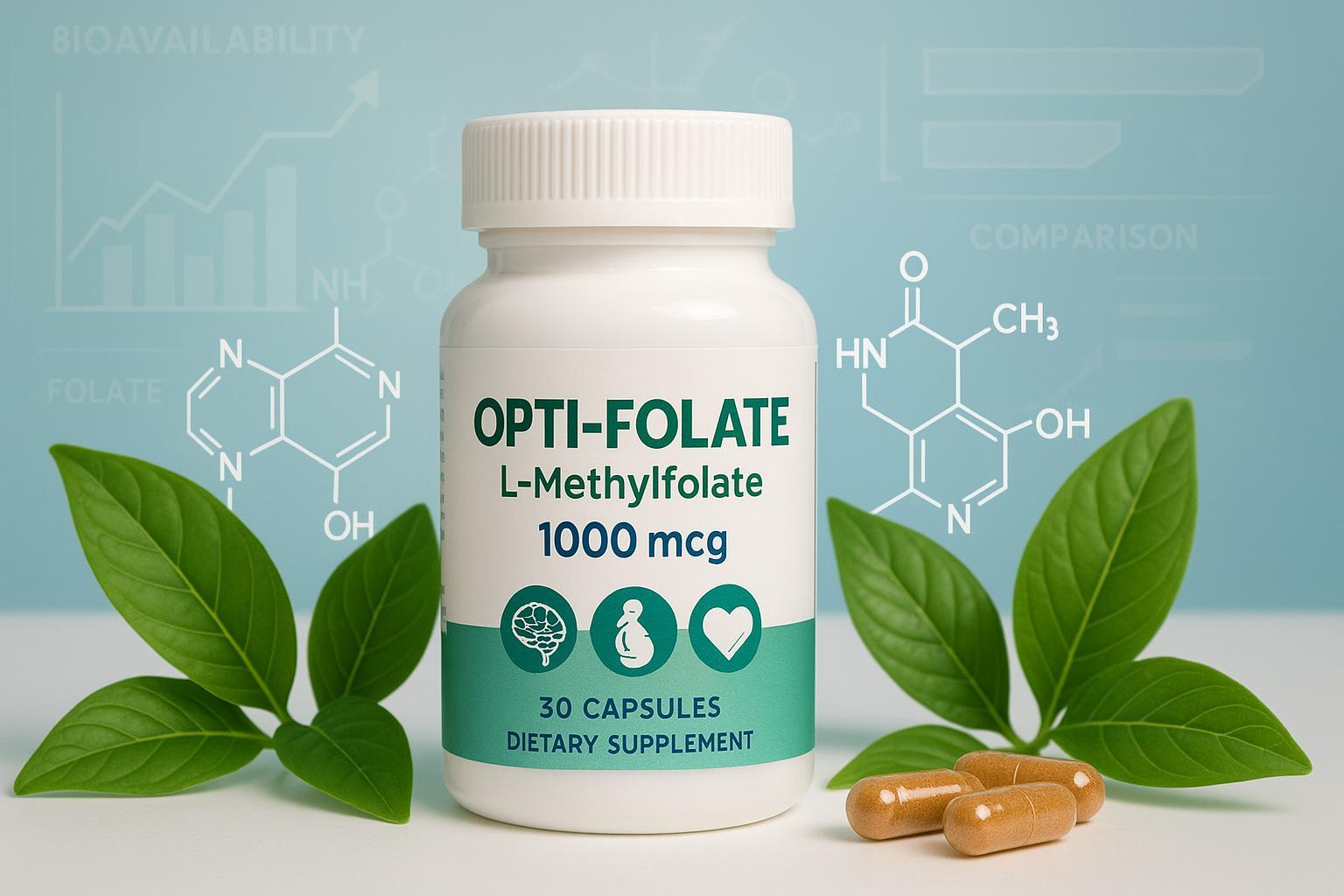 Opti-Folate L-Methylfolate 1000 mcg supplement review cover with capsules, leaf motifs, and health icons