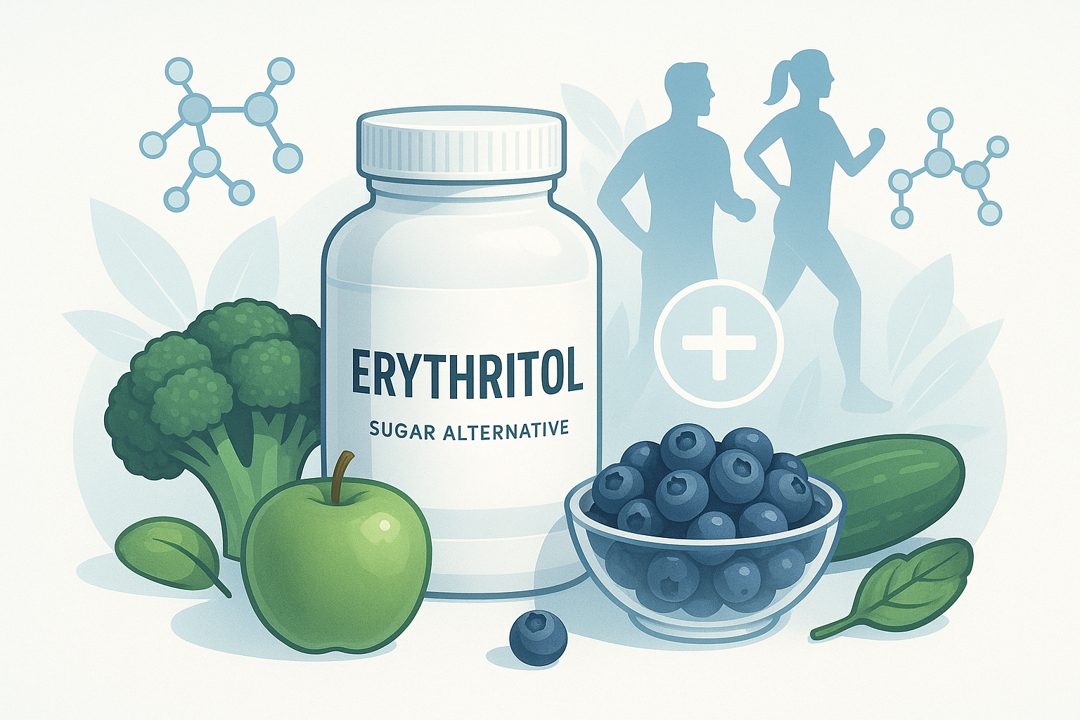Erythritol as a modern, science-backed sugar alternative in health and wellness, depicted with supplements, healthy foods, and chemistry icons