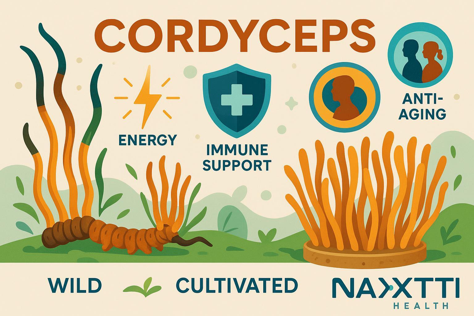 Cordyceps mushrooms cover image showing wild and cultivated types with wellness benefit icons