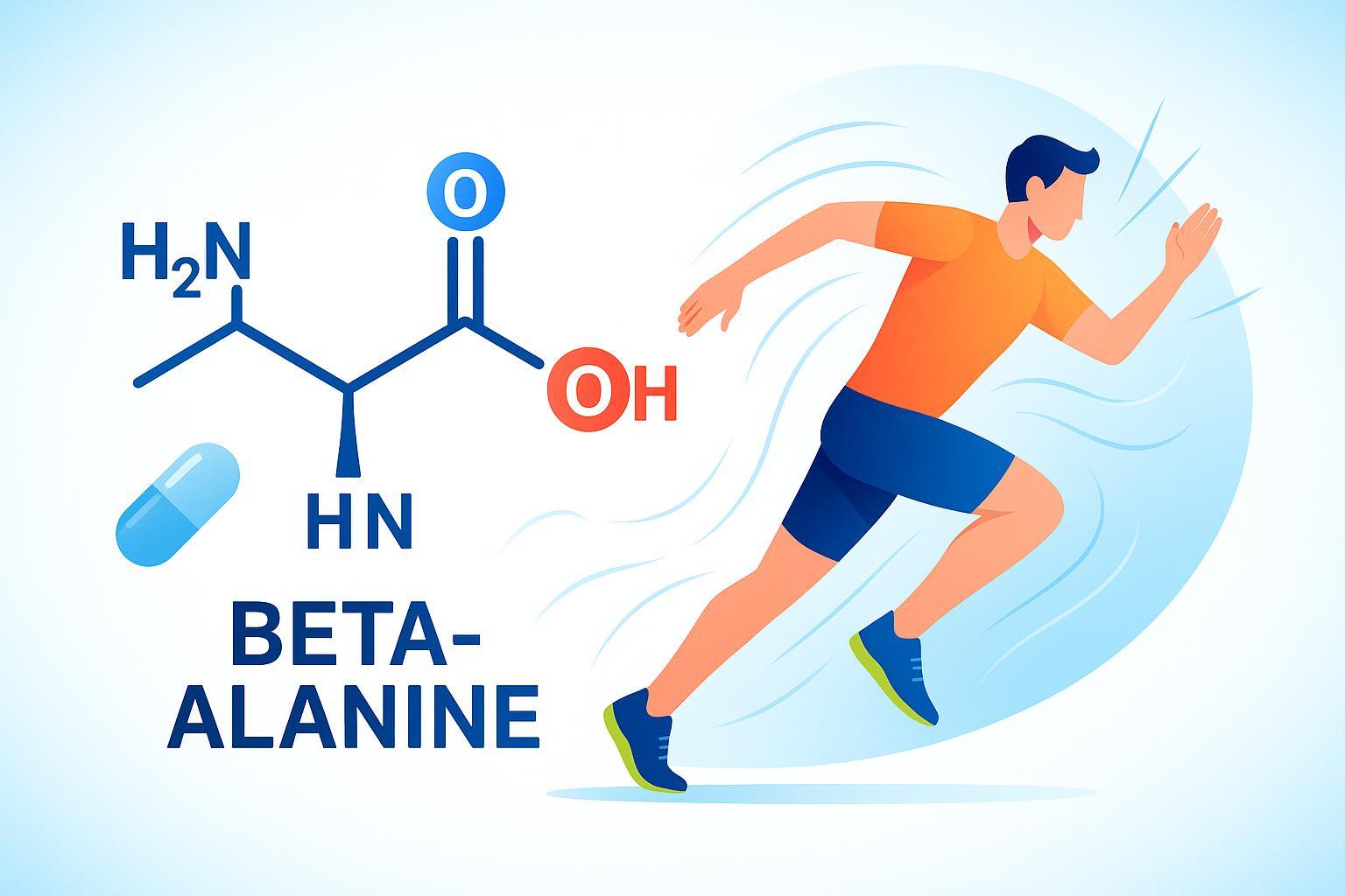 Beta-Alanine molecule with an athletic figure, representing endurance and wellness, in a fresh health supplement setting.
