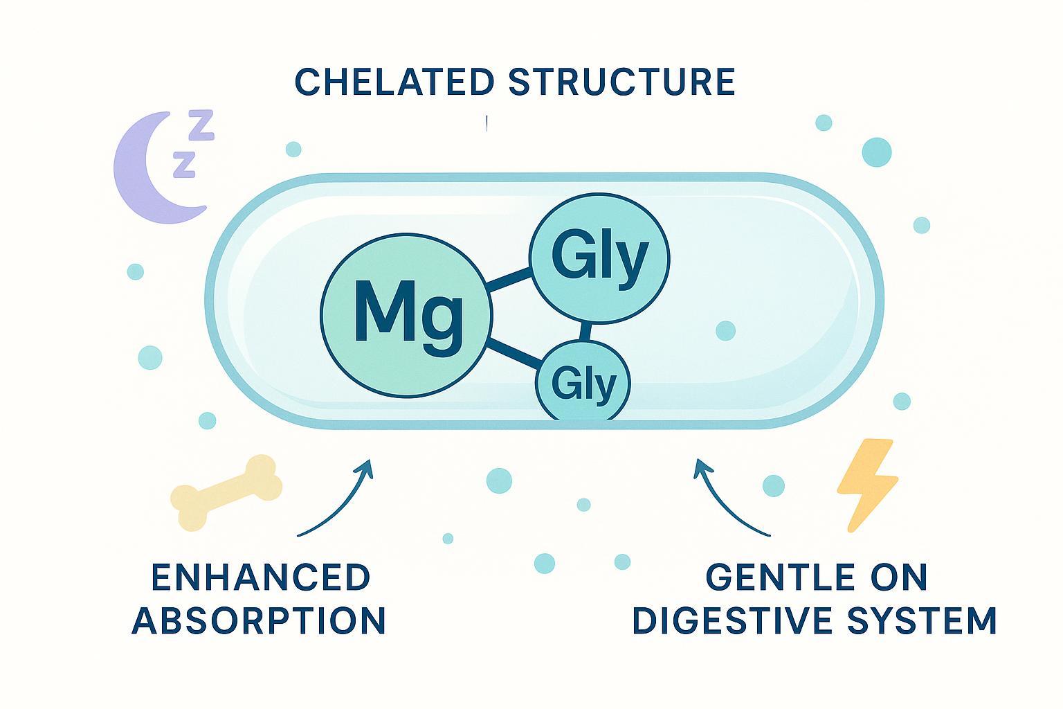 Chelated magnesium glycinate supplement - molecular structure and absorption benefits