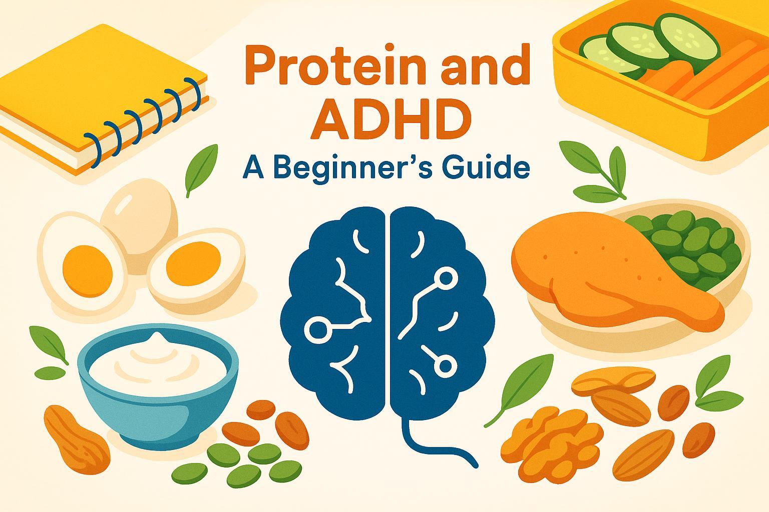 Cover showing protein foods and a brain illustration for a beginner’s guide on protein and ADHD.