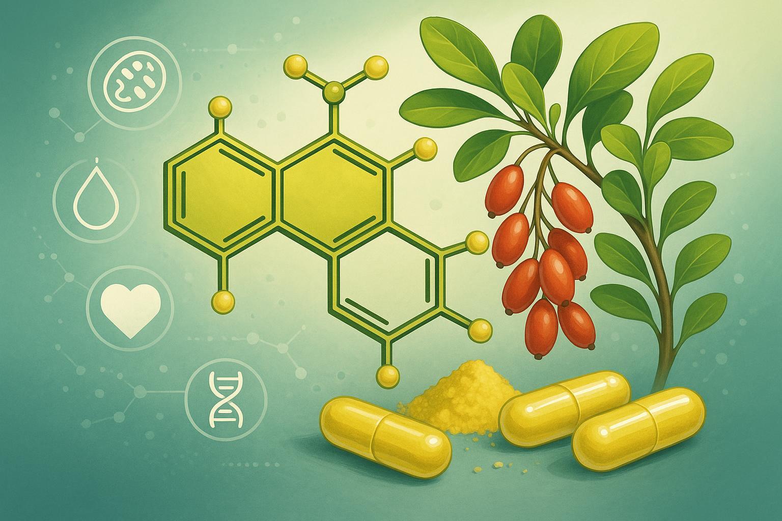Berberine molecule with barberry plant, metabolic health icons, and supplement capsules