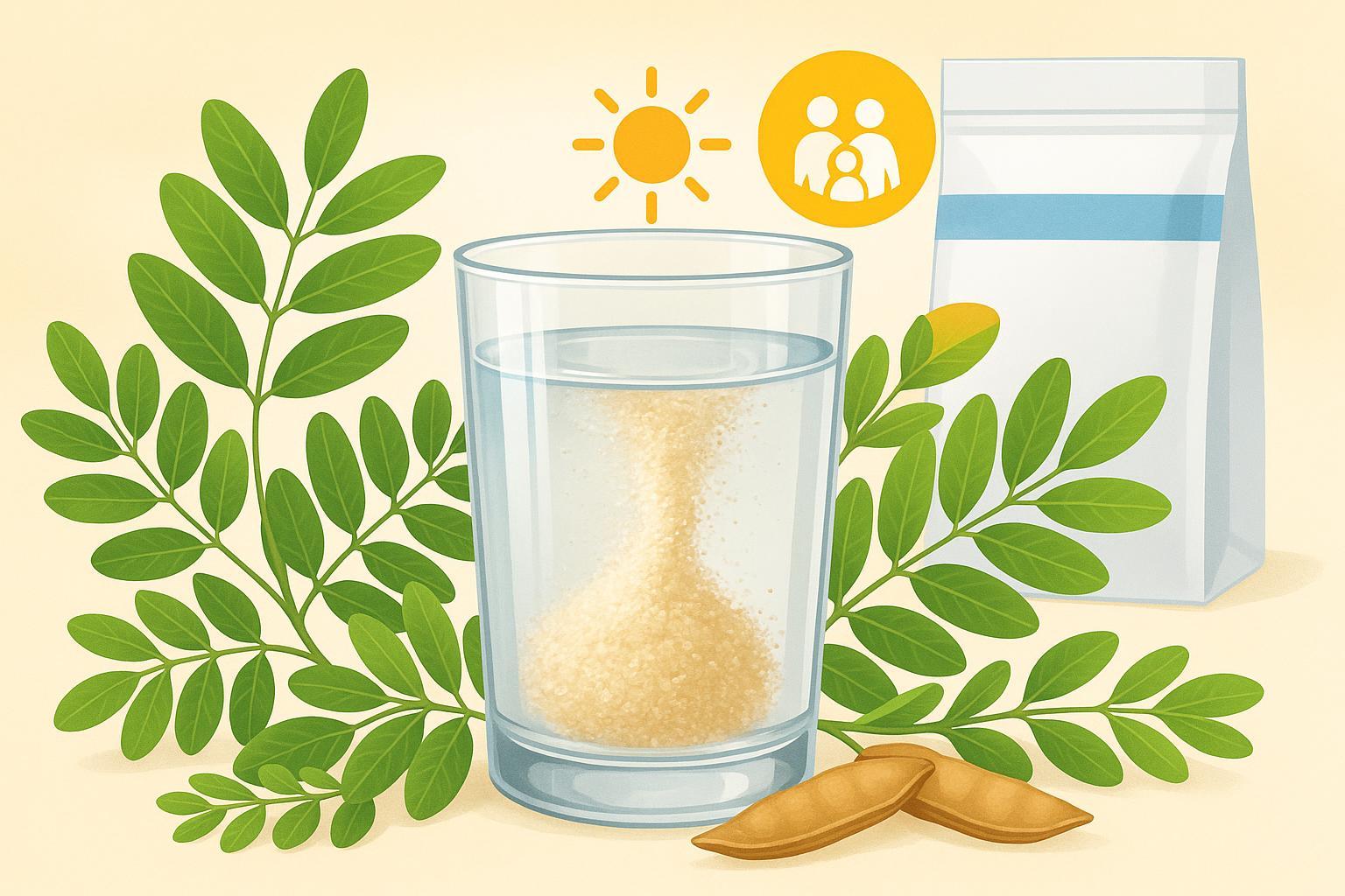 Acacia fiber supplement in water, acacia tree, family health, and wellness theme