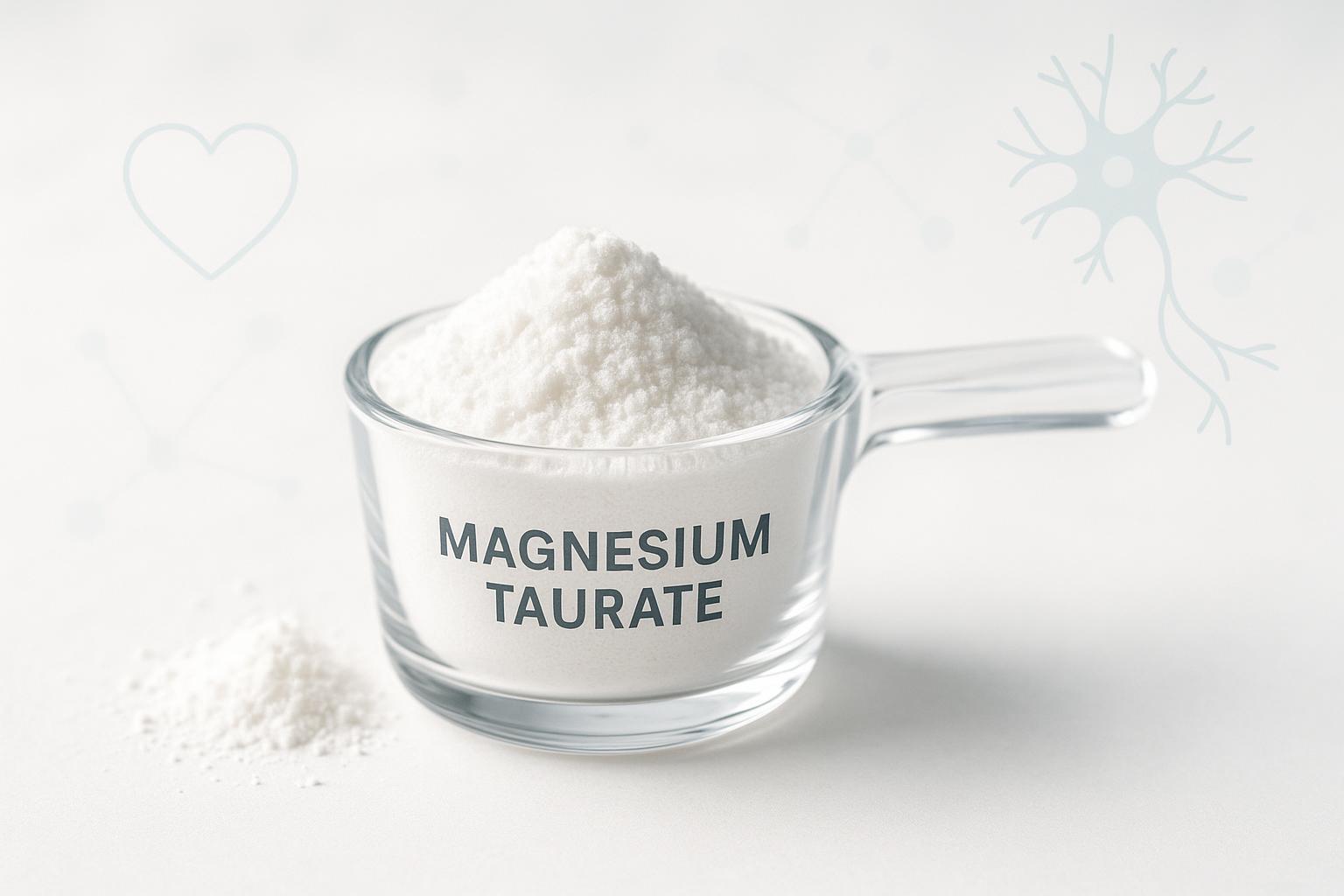 Magnesium taurate powder in a scoop with heart and sleep icons