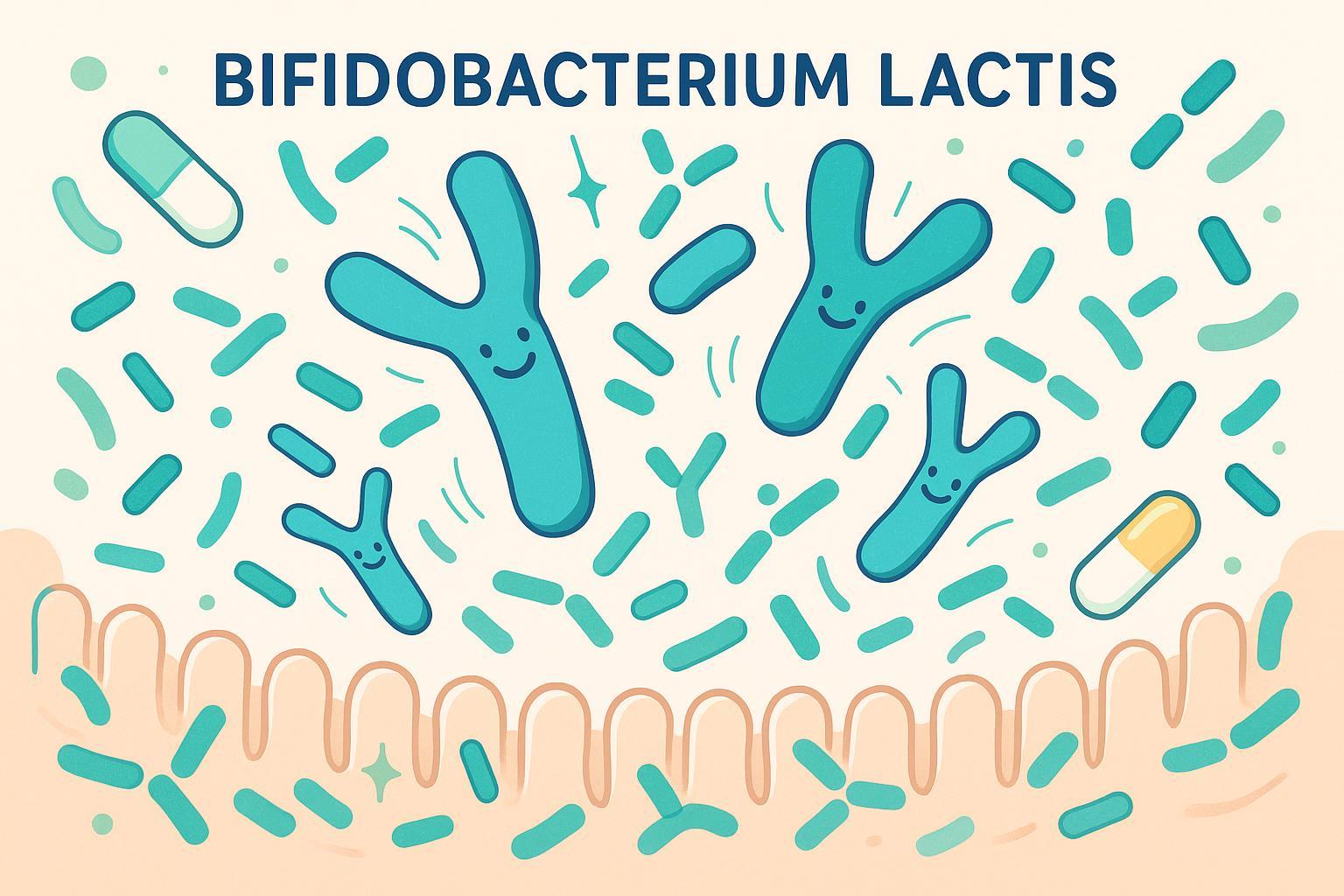 Illustration of Bifidobacterium lactis benefiting the human gut in a modern, friendly infographic style