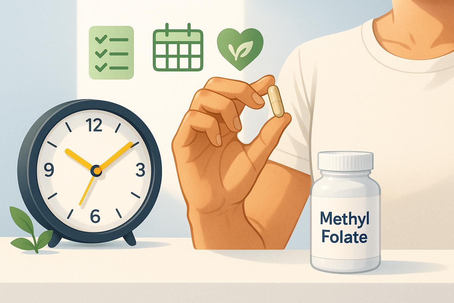 Person holding methyl folate supplement beside morning clock and checklist symbols, conveying optimal supplement timing.
